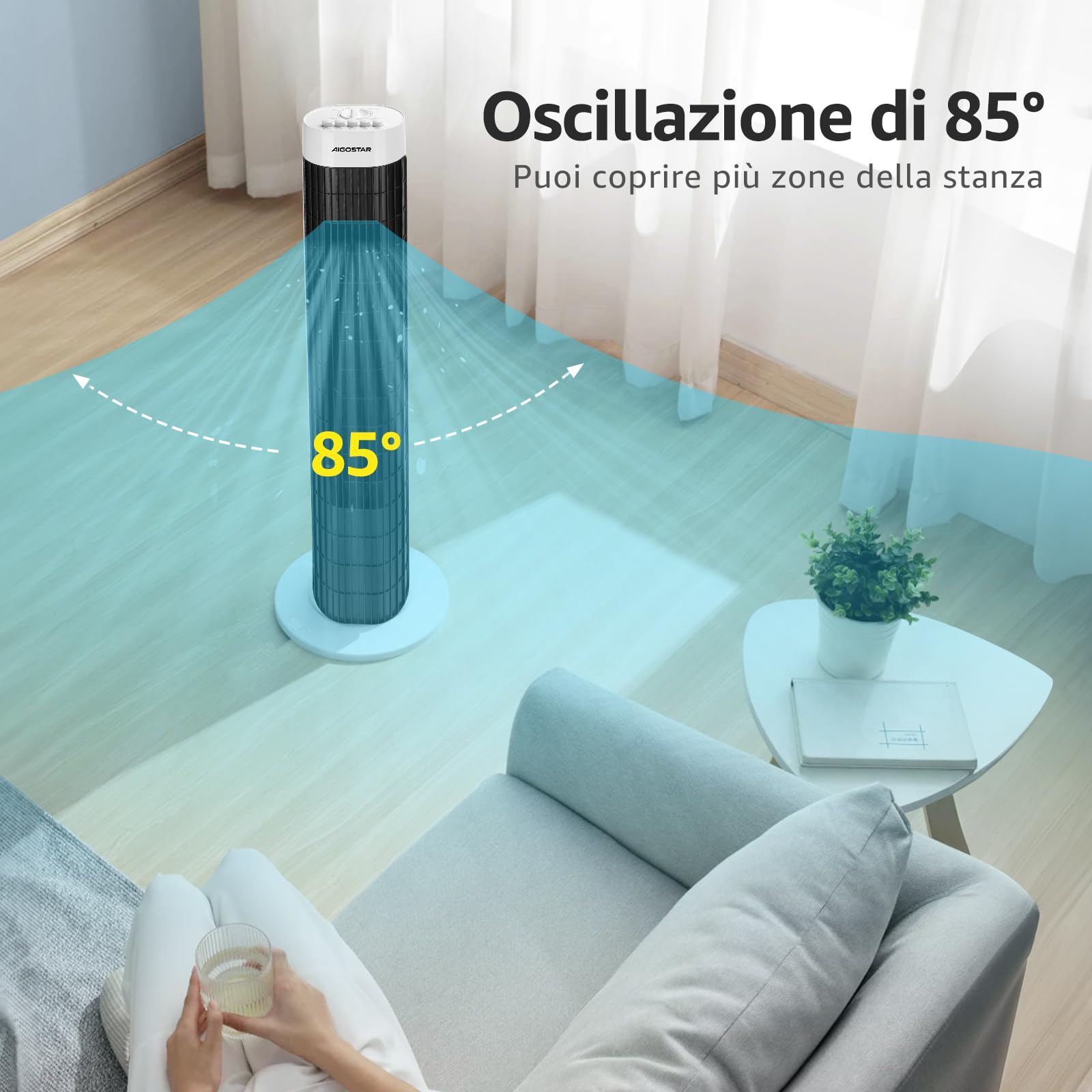 Aigostar Ben 33JTS Ventilatore a torre digitale con timer. 3 modalità di velocità e motore da 45W. Oscillazione a 85°. Altezza di 76cm e cavo da 1,8M