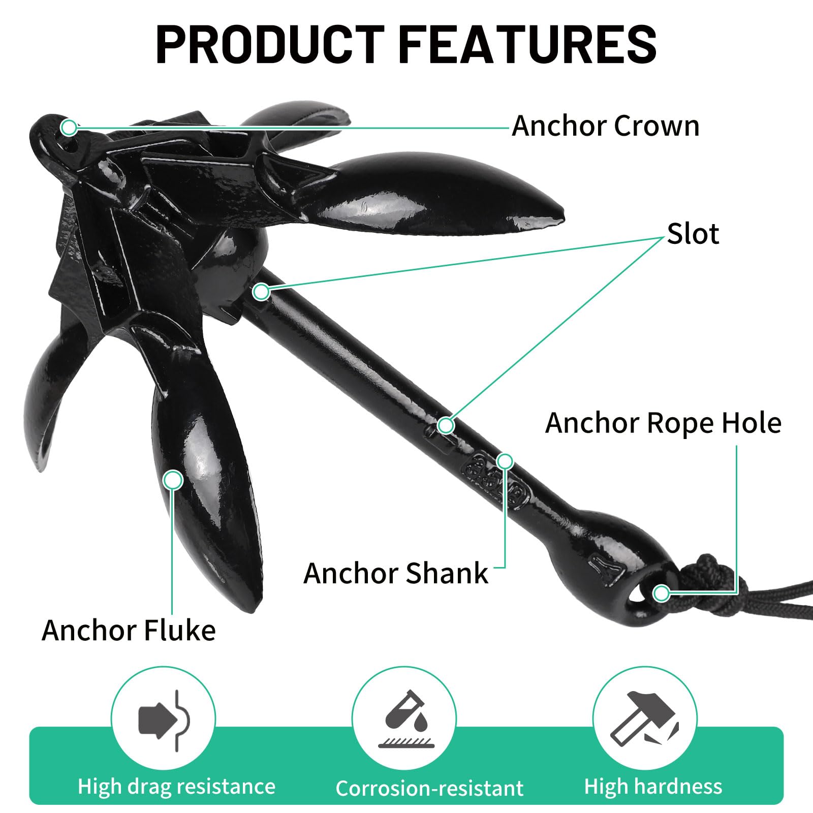 SWAWIS Anker Boot 1,5KG Bootsanker Bootszubehör Klappanker Sup Anker mit 20M Ankerleine Bojenkugel und Aufbewahrungstasche für Schlauchboot Belly Boot Tretboot Paddelboot, Schwarz