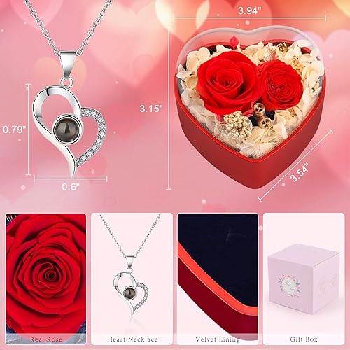 Miniatura 7 de Pusuny Regalos para el día de San Valentín para ella, rosa preservada para siempre con "I Love You", caja en forma de corazón, rosas rojas, flores