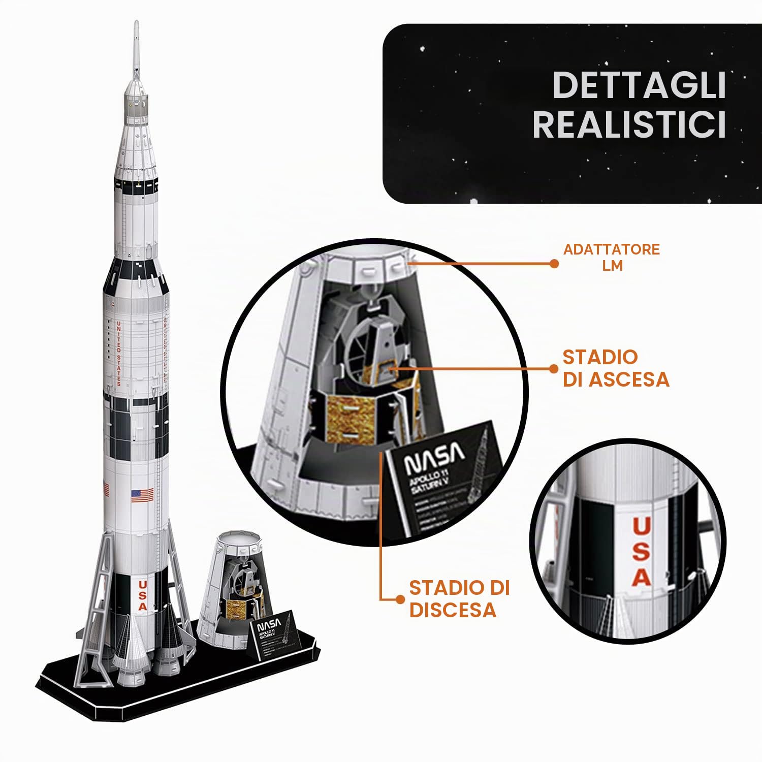 Nasa - Puzzle 3d Apollo Saturn V Rocket | Puzzle 3d Bambini 8 Anni e Adulti | Modellismo Da Costruire Adulti | 136 Pezzi | Regalo Bambino 8 Anni