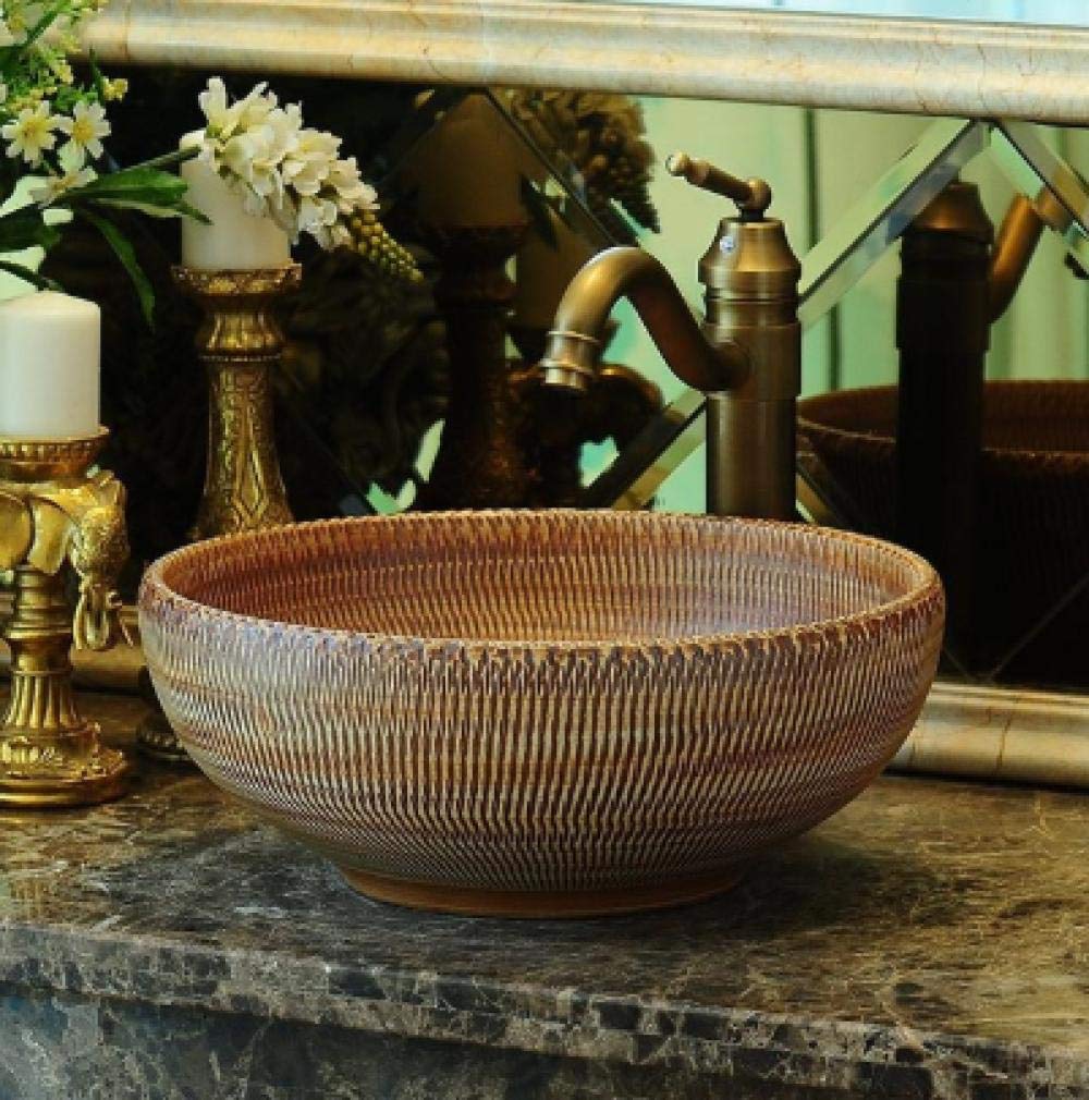 Gljtuo Brown Bathroom Sink, Countertop Basin Ceramic Art Countertop Bathroom Washbasin Wash Basin Wash Basin Wash Basin Washbasin Round-Set
