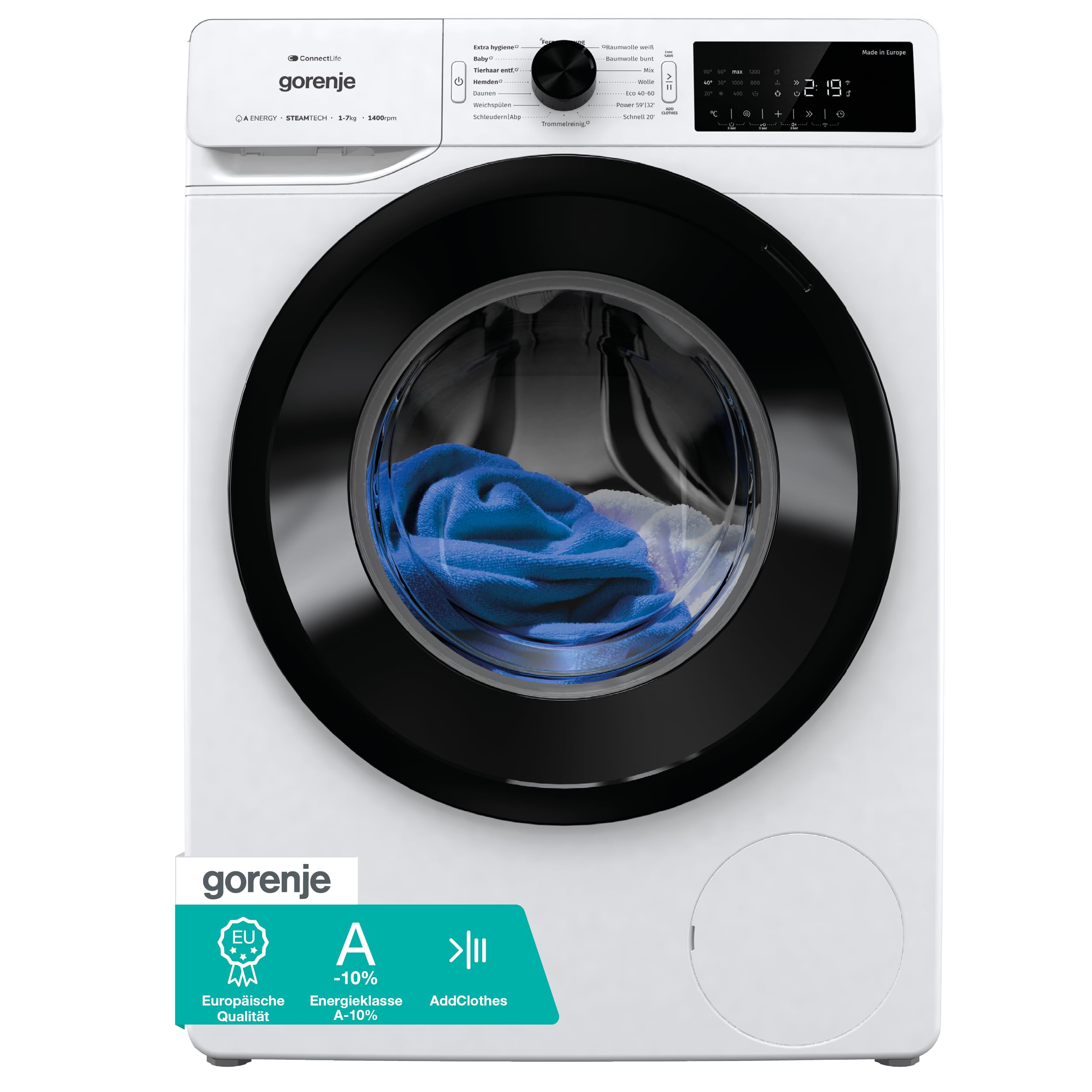 Gorenje WPAM74A1T Waschmaschine mit Dampffunktion/ConnectLife / 7Kg / 1400 U/min / 15 Programme/Totaler AquaStop/Wave Active Trommel/ExtraHygiene/PowerWash/Schnell Waschgang/EEK: A-10%