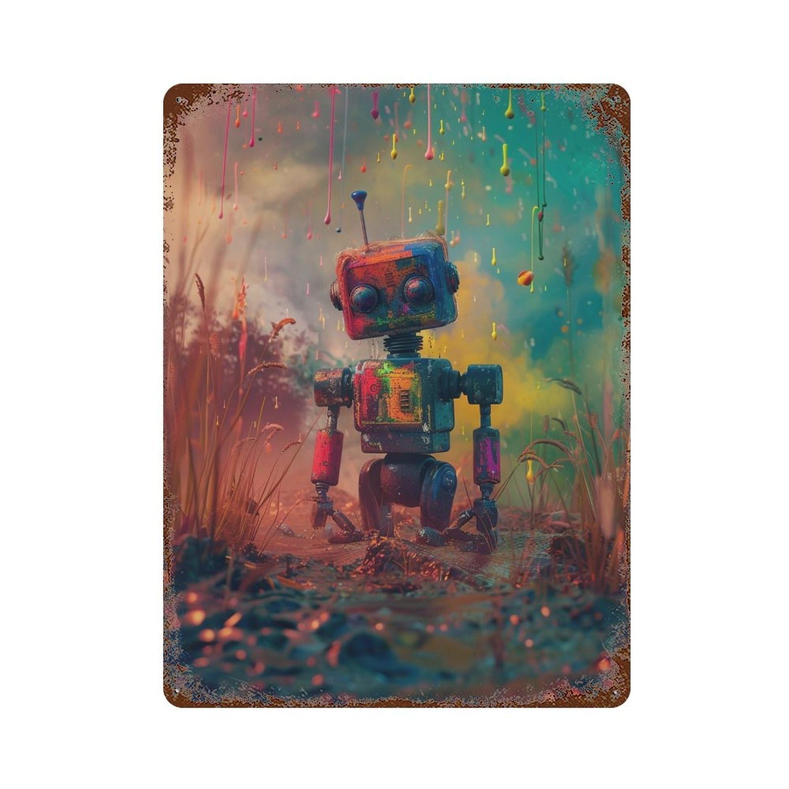 Colorful Robot in Fantasy Field Vintage Rust Metal Sign 15.7"x11.8", Shabby Chic Decor for Shed, Workshop And Garage Wall Decor