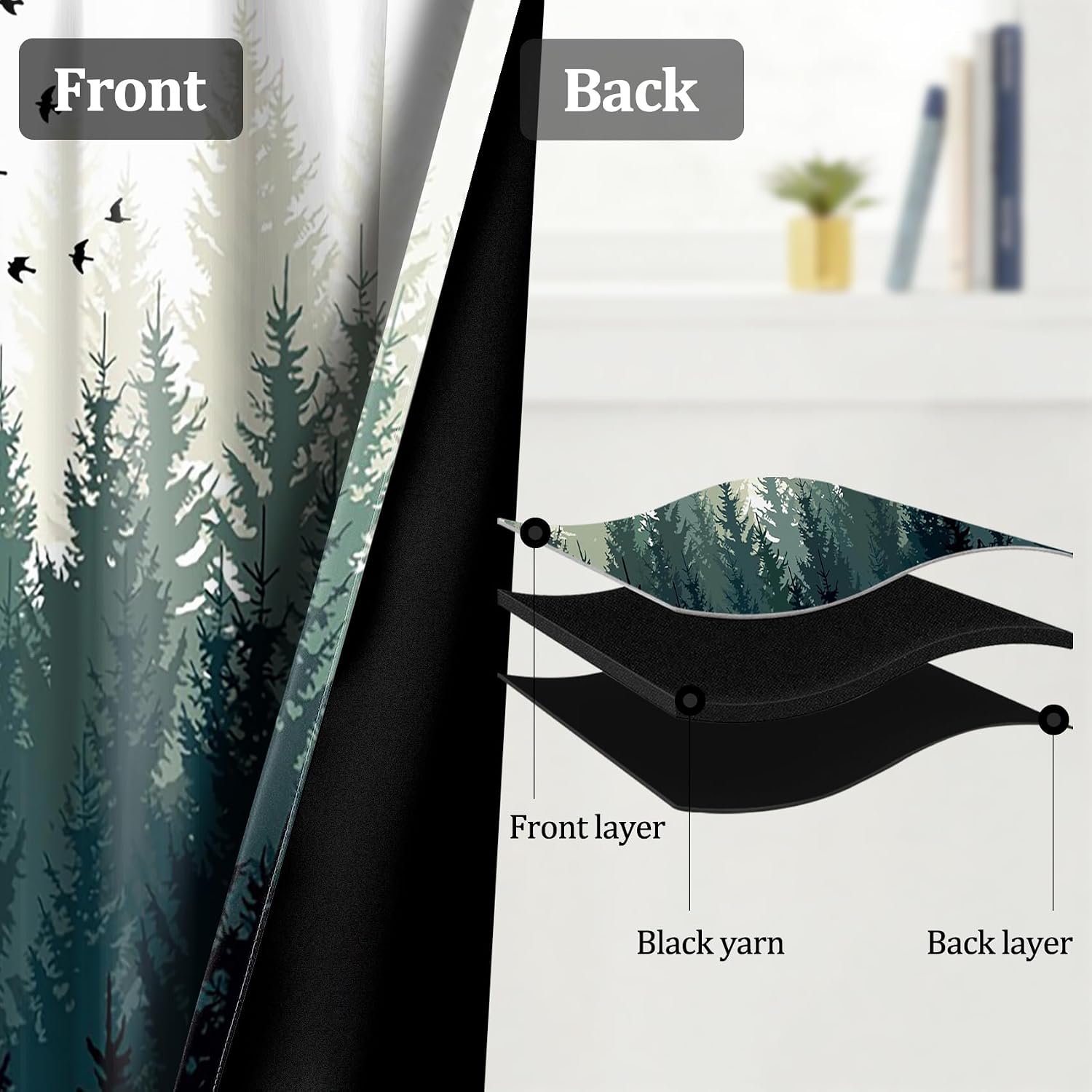 Misty Forest Blackout Window Curtains for Living Room,Rainforest Pine Trees Chinese Ink Painting,Green Bedroom Window Panels for Adults with Grommets,2 Panels,Each W42 xL63