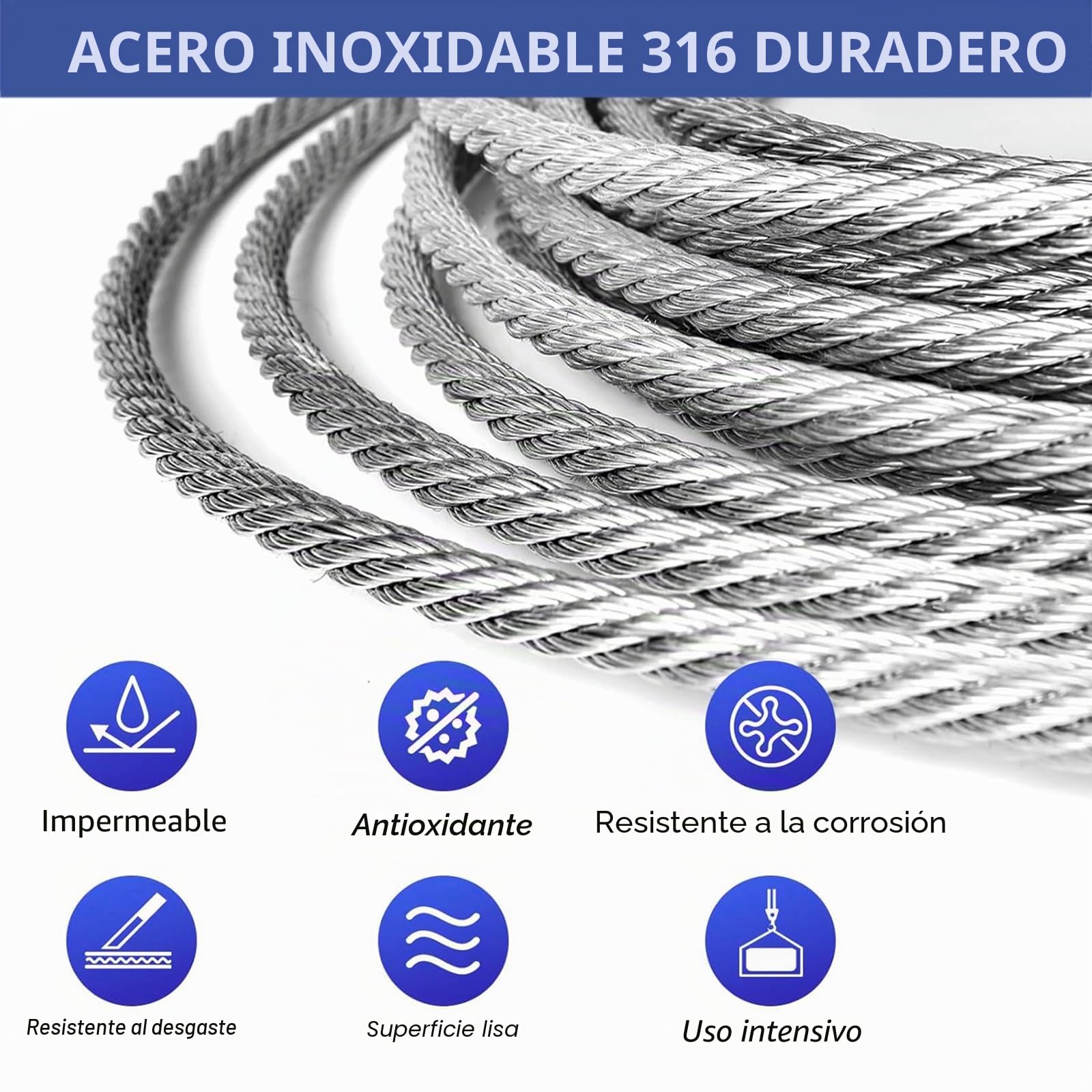 8MM Cable De Acero Inoxidable 316,Cable De Avión De Grado Marino De 7x19 Hilos,Cuerda De Alambre De Acero Para Tirolesa De Patio,Elevadores De Barcos,Barandilla De Cubierta,76M/250FT