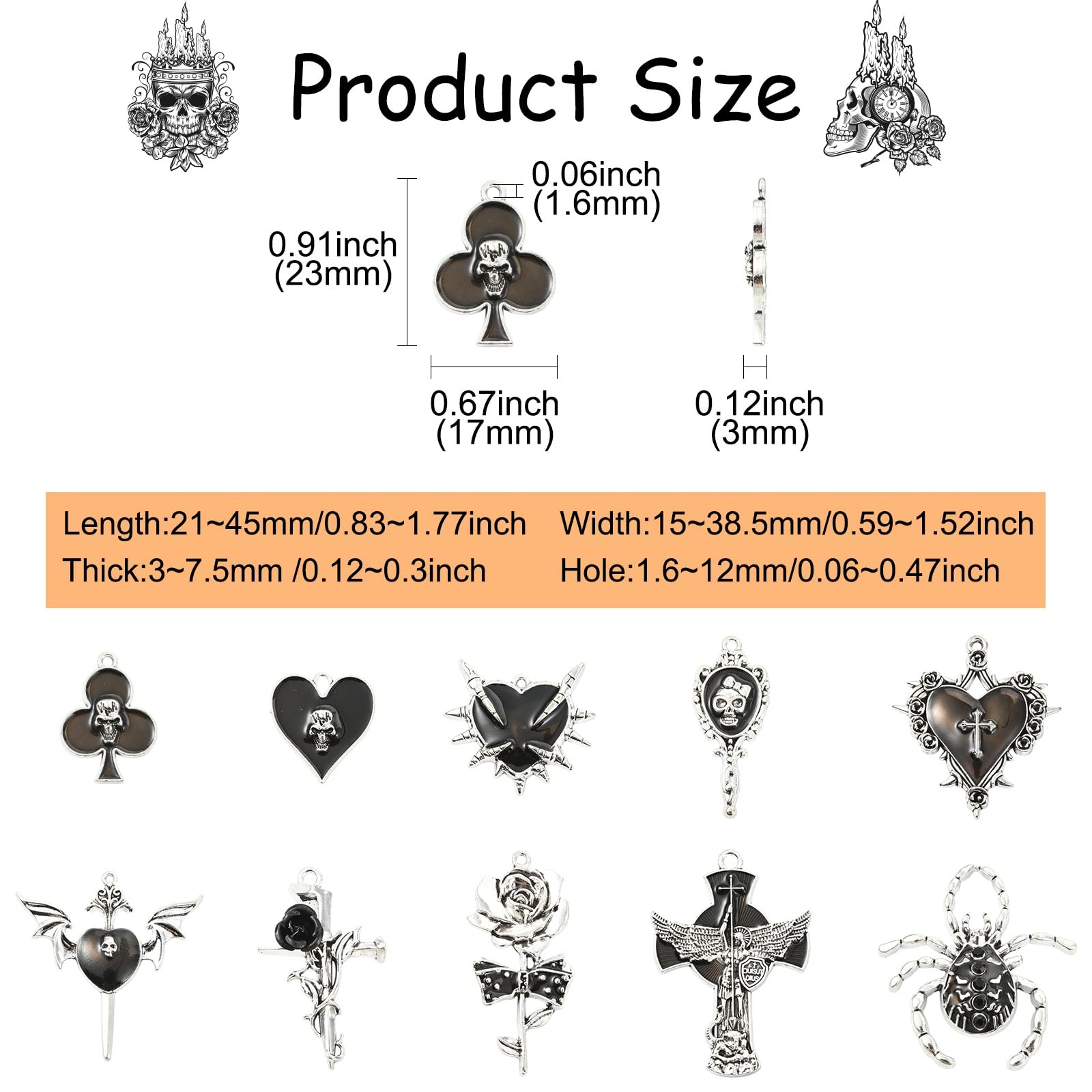 Stiesy 20Pcs 10 Styles Black Gothic Charms Pendant Skull Cross Wing Heart Flower Charm Bulk Punk Enamel Pendants for Jewellery Making Crafts Bracelets Necklaces DIY - Image 2