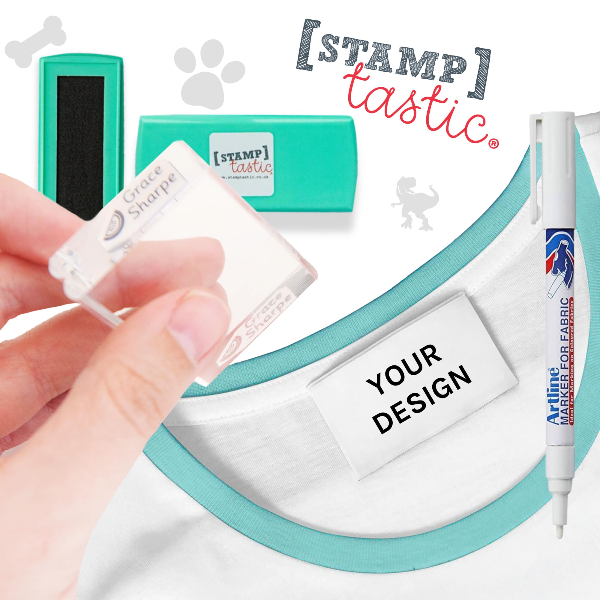 Stamptastic Personalised Name Stamp for Clothes Kids Deluxe Bundle | Quick & Easy Name Labels for School & Nursery | Name Stamp, Ink Pad & Fabric Pen | Customisable Fonts & Icons | Waterproof