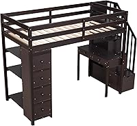 Vista 4 de Cama loft multifuncional de tamaño individual con cajones de almacenamiento y escritorio, marco de cama de madera con escalera de almacenamiento