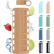 purifyou 40oz / 32oz / 22oz / 12oz Borosilicate Glass Water Bottle with Time & Volume Markers, Silicone Sleeve, Stainless Steel Lid | Reusable Glass Bottle for Water & Juice (40oz Iced Coffee)