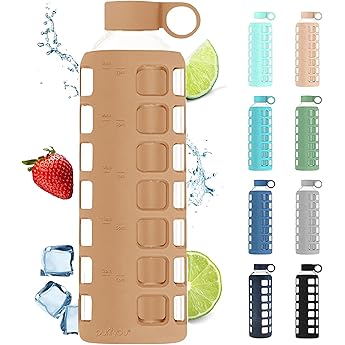 purifyou 40oz / 32oz / 22oz / 12oz Borosilicate Glass Water Bottle with Time & Volume Markers, Silicone Sleeve, Stainless Steel Lid | Reusable Glass Bottle for Water & Juice (40oz Iced Coffee)