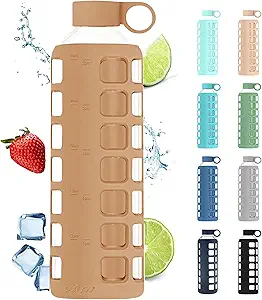 purifyou 40oz / 32oz / 22oz / 12oz Borosilicate Glass Water Bottle with Time & Volume Markers, Silicone Sleeve, Stainless Steel Lid | Reusable Glass Bottle for Water & Juice (32oz Iced Coffee)