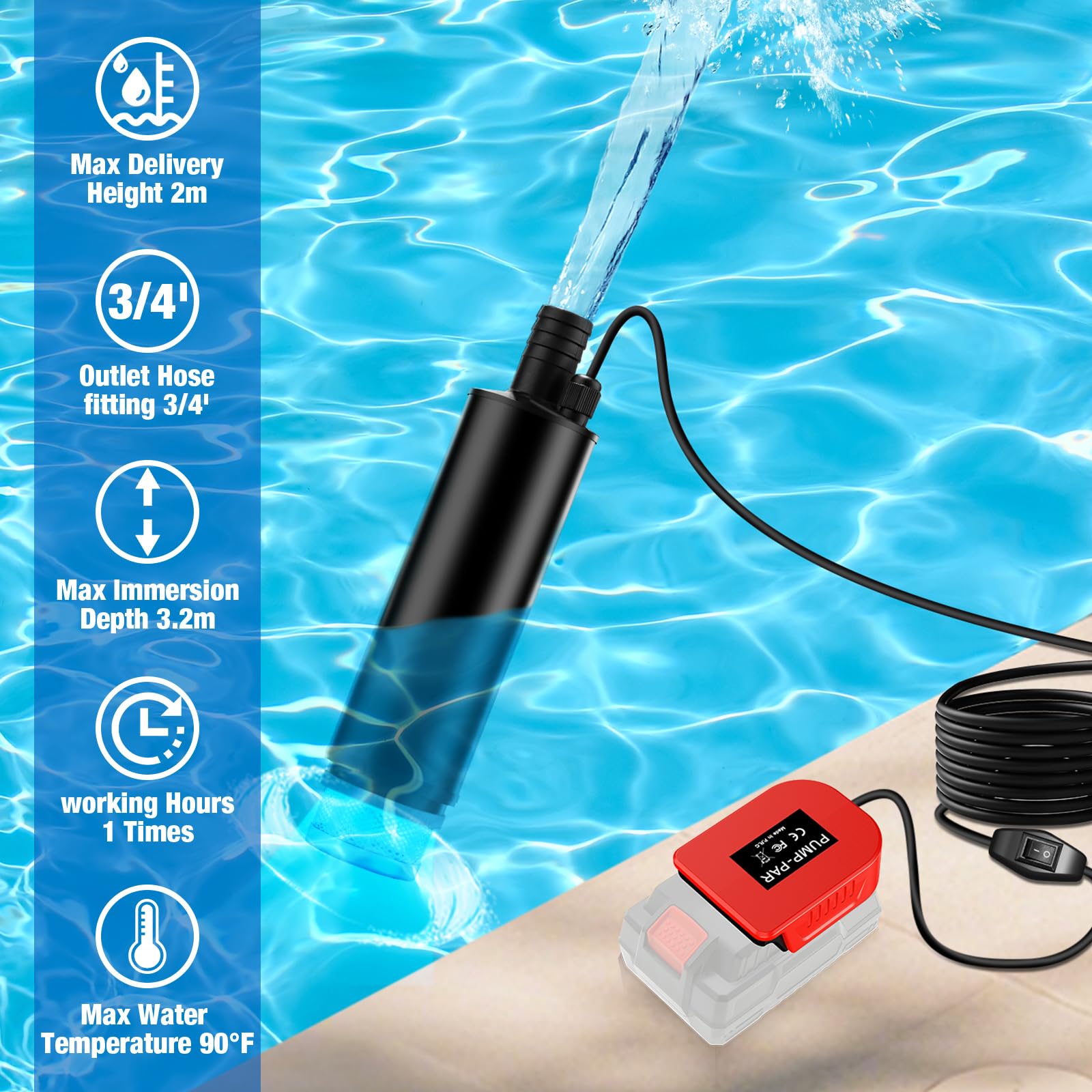 Bomba sumergible 635 GPH para batería Parkside XTEAM de 20 V, bomba de agua inalámbrica con filtro de sedimentos, bomba de transferencia de 100 W a pilas con alto flujo para piscina, jardín