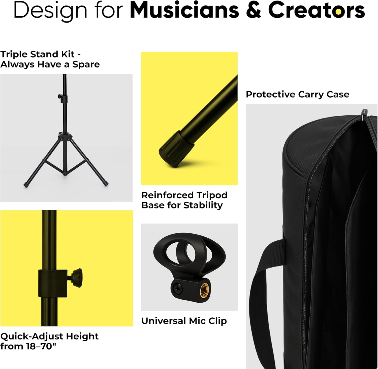 BOWENS 2 Set Adjustable Tripod Mic Stand Boom Arm (18–70") – Microphone Stand floor for Singing Podcast with Universal Clips and Padded Carry Case