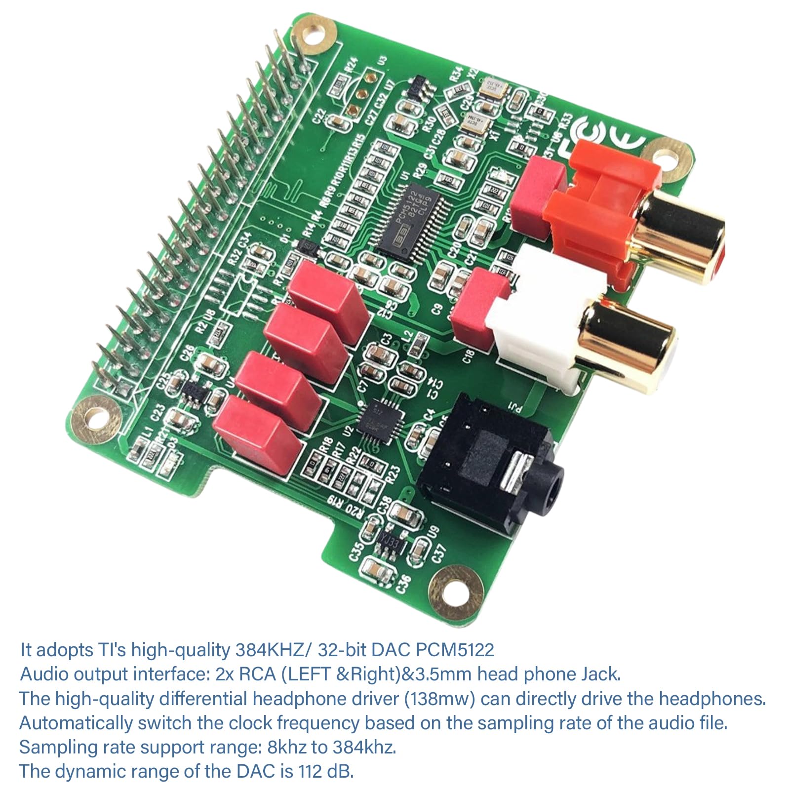 HiFi DAC HAT per Raspberry Pi 5/4/3B+/Zero, scheda audio PCM5122, 384 kHz/32 bit HiFi Sound Shield con uscita RCA e 3,5 mm, doppio oscillatore e DOP, 112 dB SNR