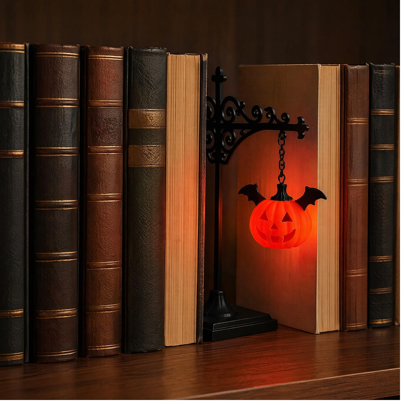 Vintage Ghost Bookshelf Lantern, Warm LED Mini Hanging Nightlight, Portable Reading Lamp, Spooky Halloween Ornament for Shelf & Indoor Tabletop Decor (L)