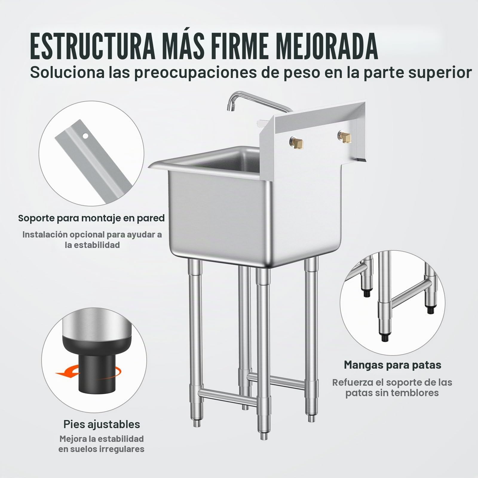 VEVOR Fregadero de Acero Inoxidable, Fregadero de Pedestal Pequeño de 1 Seno, 38x38 cm con Grifo y Patas, Fregadero Comercial para Garaje, Restaurante, Cocina, Lavadero