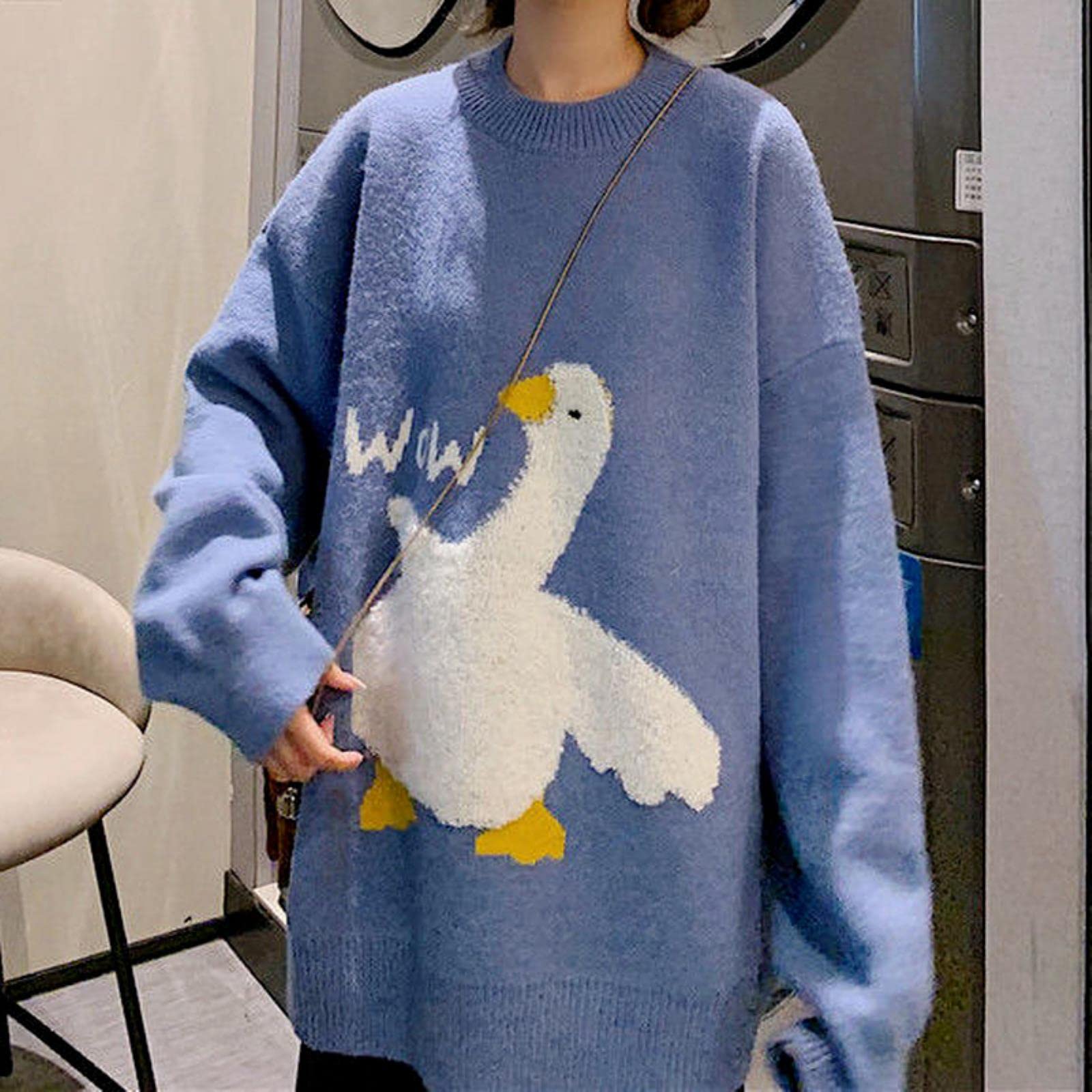 ZXCL Korean Style Kawaii Cartoon Goose Print Knitted Sweater Women