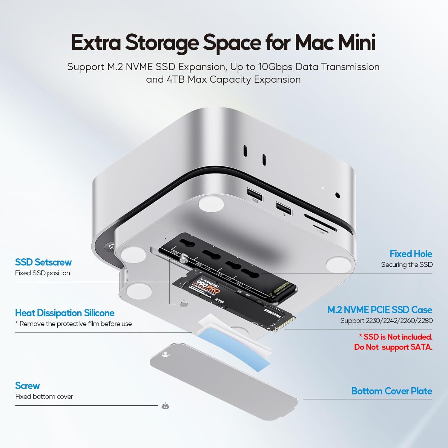 Mac mini M4 Dock with 4TB M.2 SSD Enclosure (SSD NOT Included), Mac mini M4/ M4 Pro Hub Stand with HDMI 4K@60Hz, 2024 MacMini USB C Hub Accessories, 3 USB A 2.0, SD/TF, 3.5mm Audio