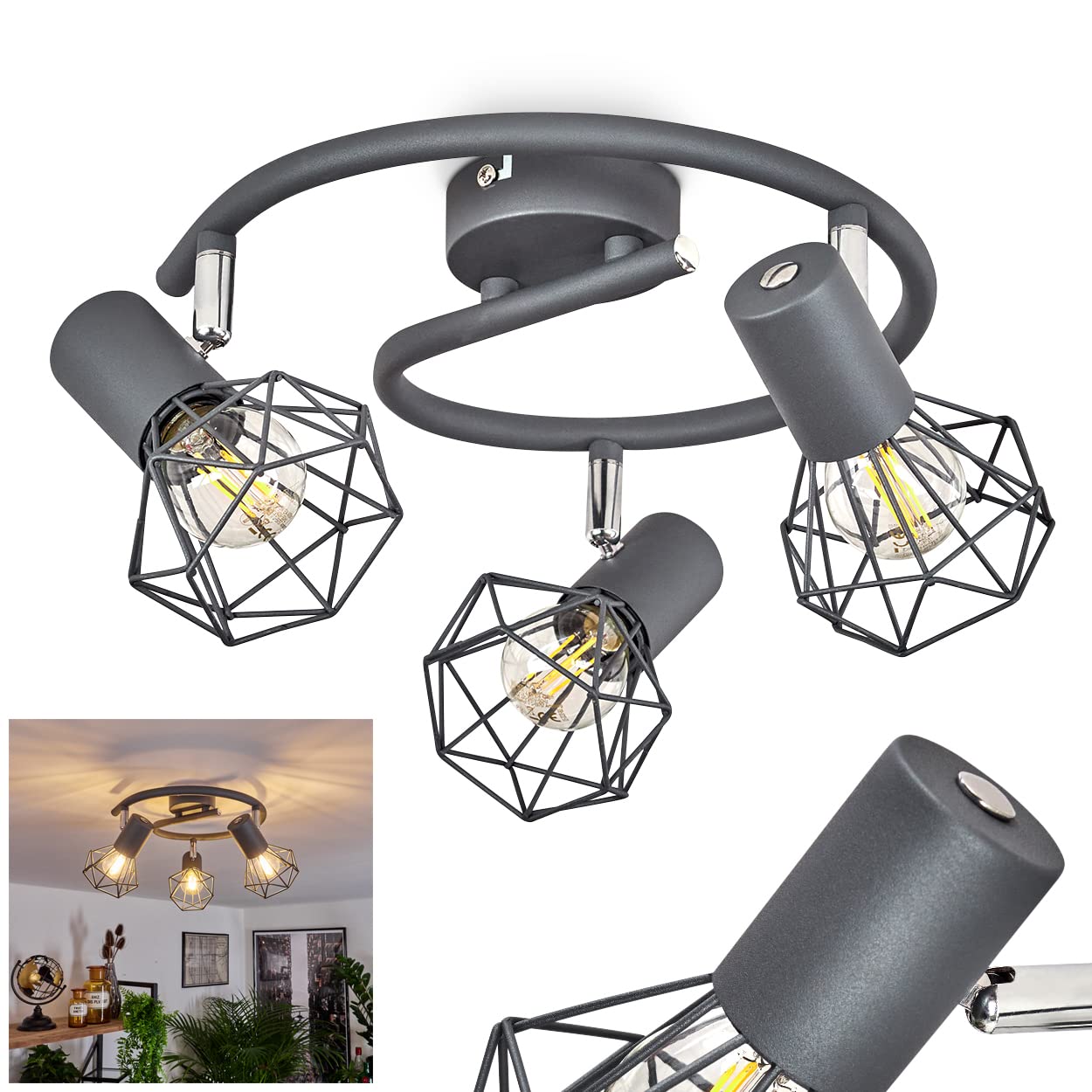 Ceiling Light Gullspang, Round Ceiling Light in Industrial Design, Metal in Anthracite/Chrome Colour, Modern Light with lampshades in Grid Optic and Light Effect, 3-Flame, E14 Socket, Without Bulbs