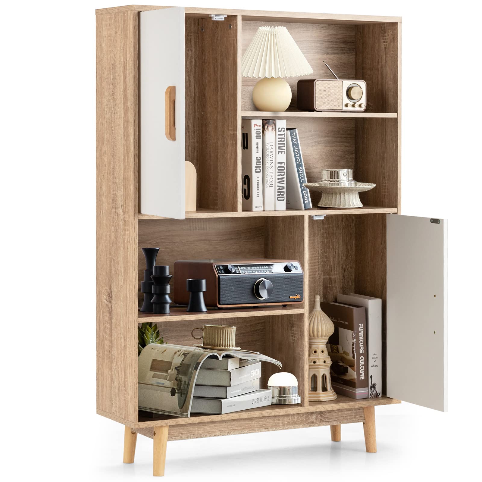 KOMFOTTEU Bibliothèque Bois, 2 Portes, 4 Étagères Ouvertes, Blanc + Naturel