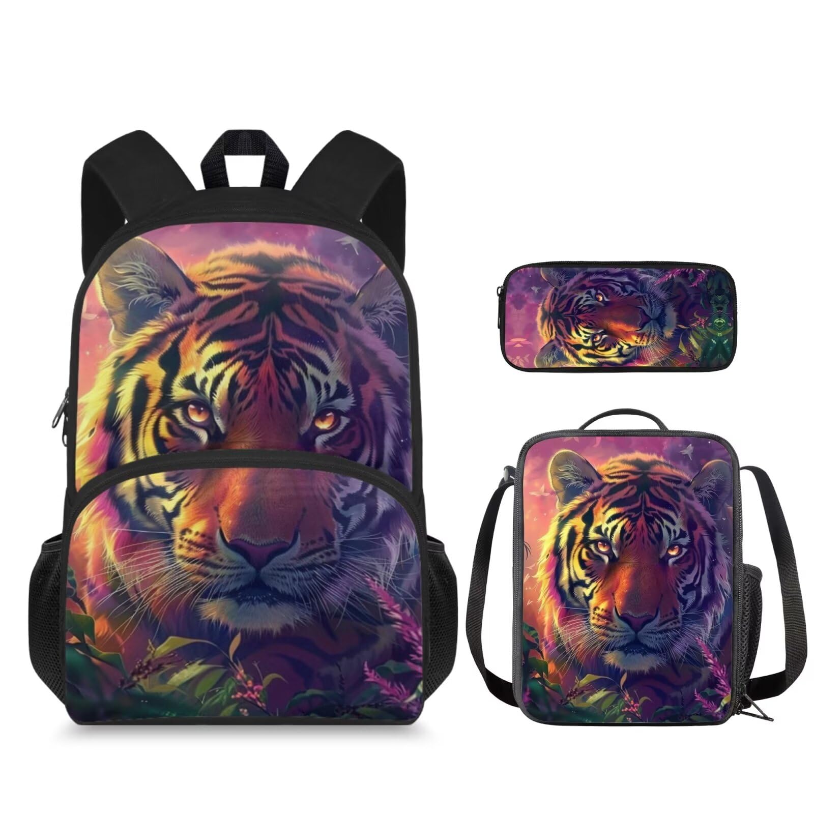 ELEDIZI Tiger Backpack for Girls Kids Backpack with Lunch Box and Pencil Case Pouch 3Pcs Set 15" Large Capacity Bookbag with Front Pocket for School