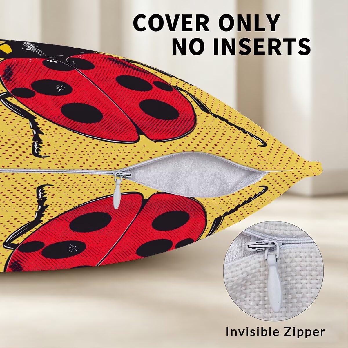 Federe Cuscino Divano 60x60, Giallo Cuscini per Divano da Esterno Set da 4, Lino Copricuscini Divanos Impermeabile, Copri Cuscini Coccinella Motivo Fronte Retro Stampato per Giardino, Balcón F-61