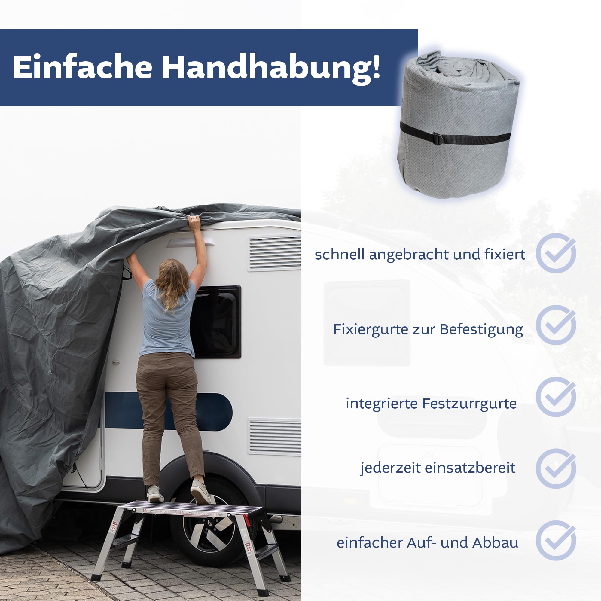 NATIV Schutzhülle für Wohnmobil | UV-resistente Abdeckplane für Ihr Wohnmobil | universelle Passform | Polyamid | Dach wasserdicht, Seitenteile wasserabweisend | grau | 610 x 235 x 275 cm