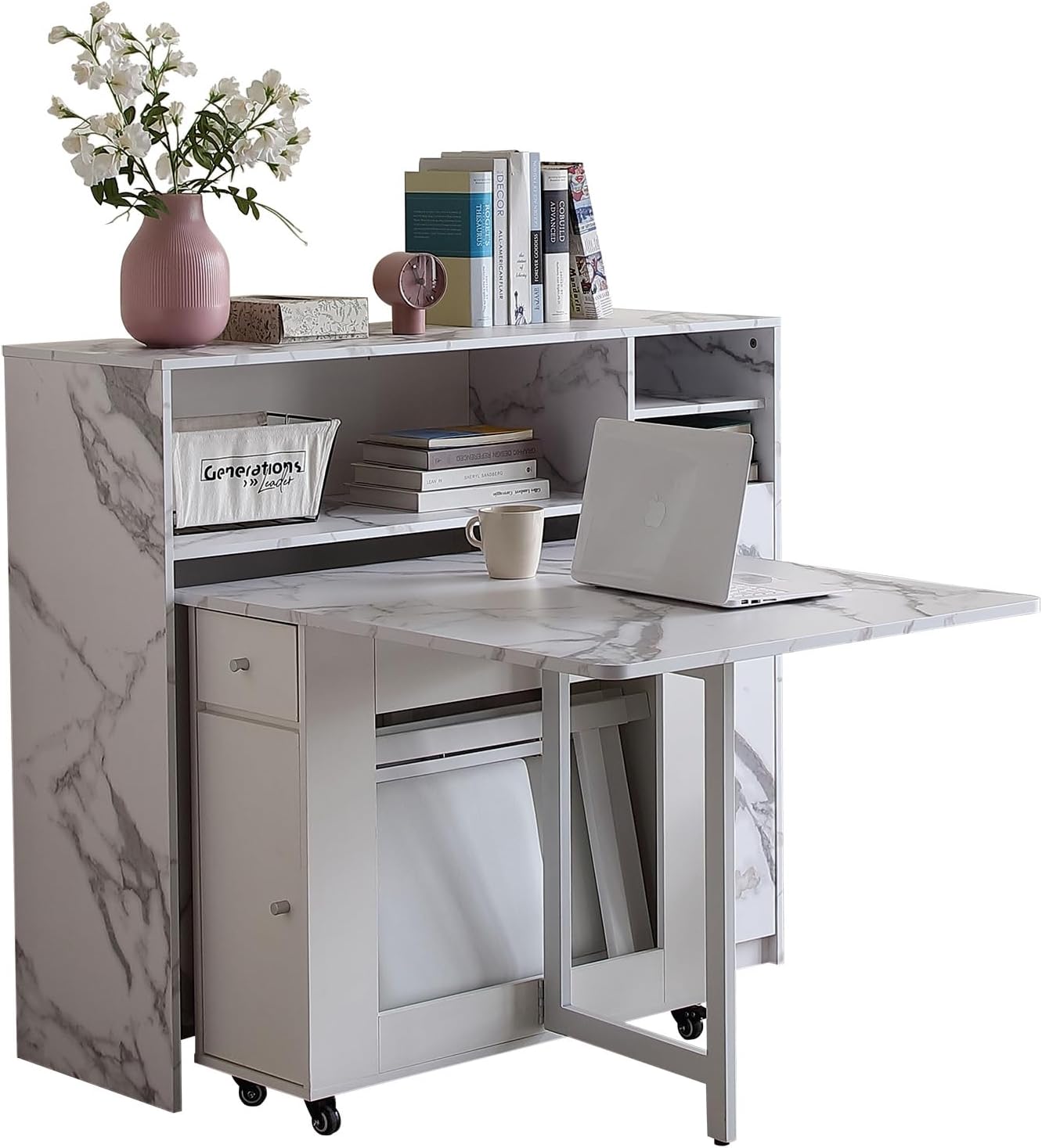 FUNROLUX Butterfly Extendable Folding Dining Table and Sideboard Set Width 37-152cm Wooden Folding Dining Table Compact Storage for Home Kitchen (Dinning Table+Cupboard)