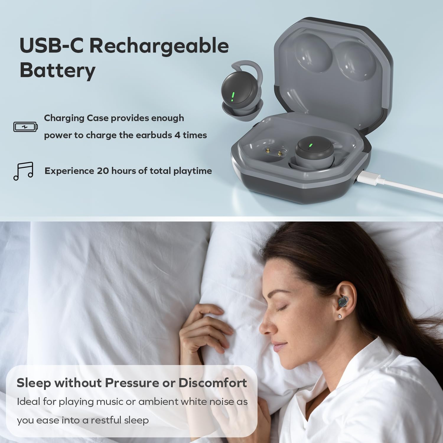 Coby Sleep Earbuds in charging case connected via USB-C, with a woman sleeping in the background.