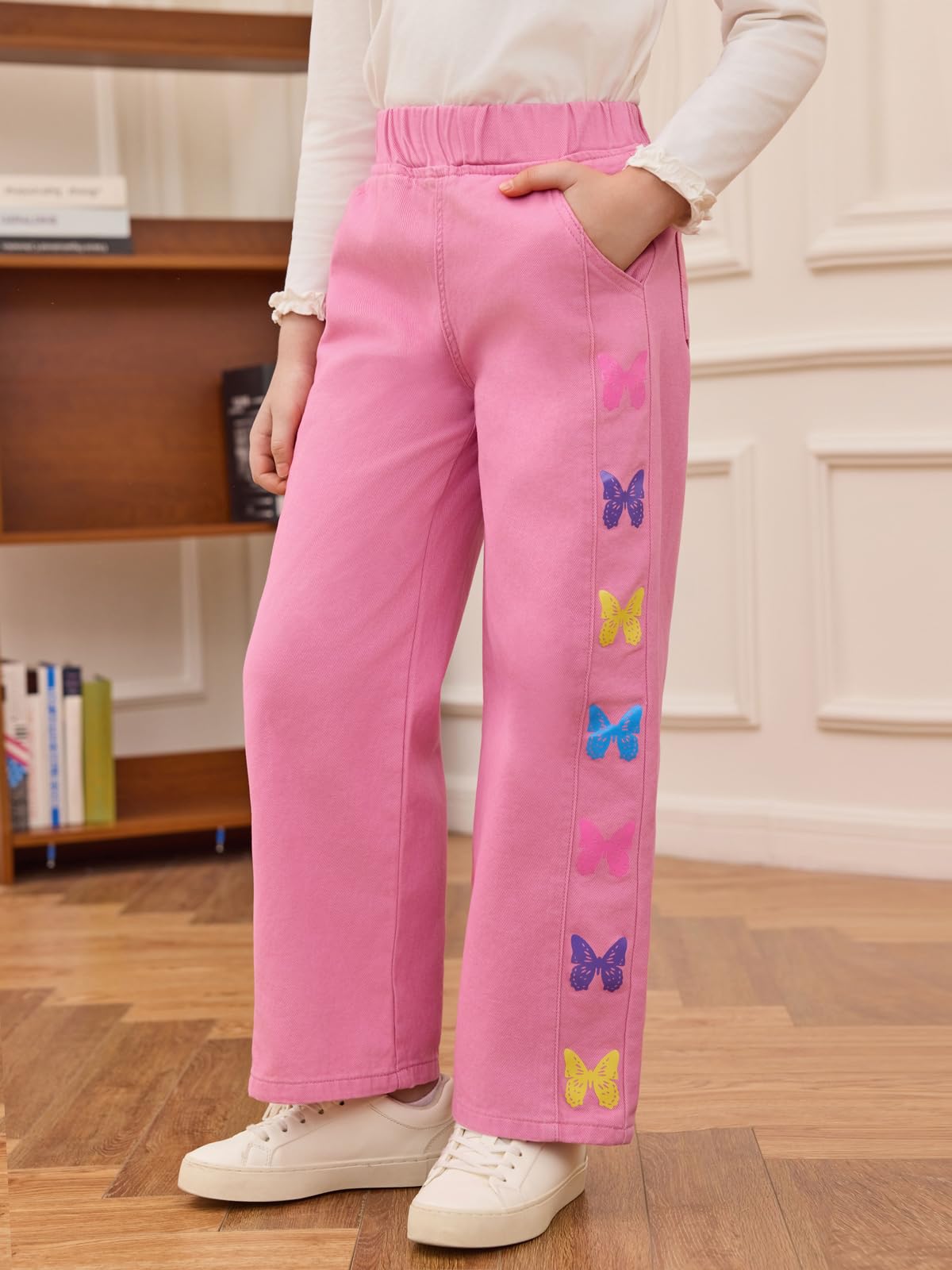 Haloumoning Jean pour fille - Imprimé papillon - Denim - Pantalon baggy - Jambes larges - Élastique - Streetwear avec poches