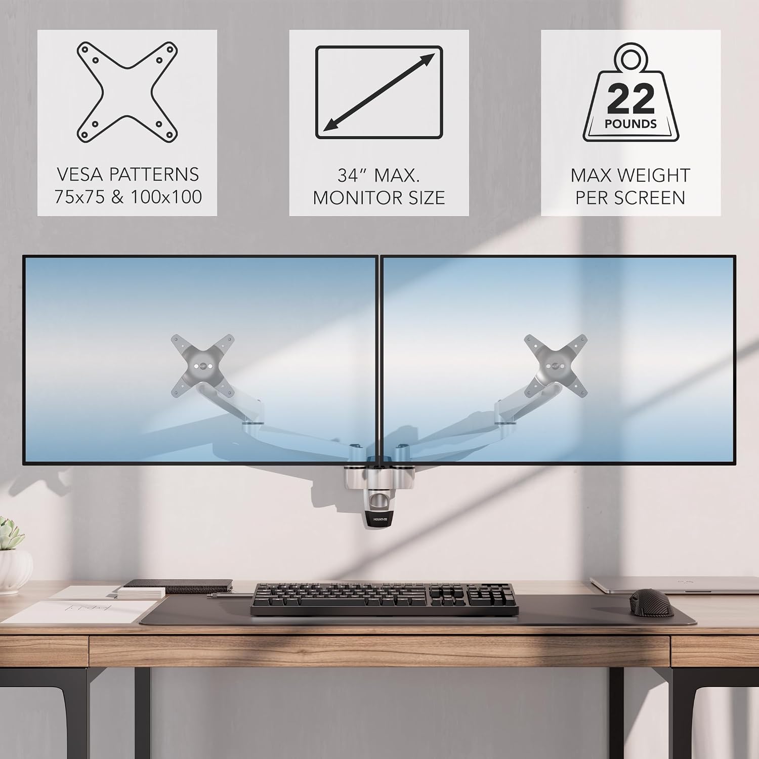 Mount-It! CLiX Dual Monitor Wall Mount Full Motion Arms, TAA-Compliant, Monitor Wall Mounts for 2 Monitors 13-34" up to 22 lbs Each, VESA 75x75 100x100, Aluminum Double Monitor Wall Mount, Silver