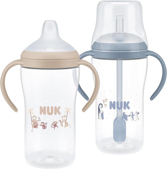 Perfect Match Learner Straw Bottles, 6+ Months, 260 ml, Leak Proof Baby Straw Cup, Anti-Slip Handles, Monkey & Penguin, 2 Count