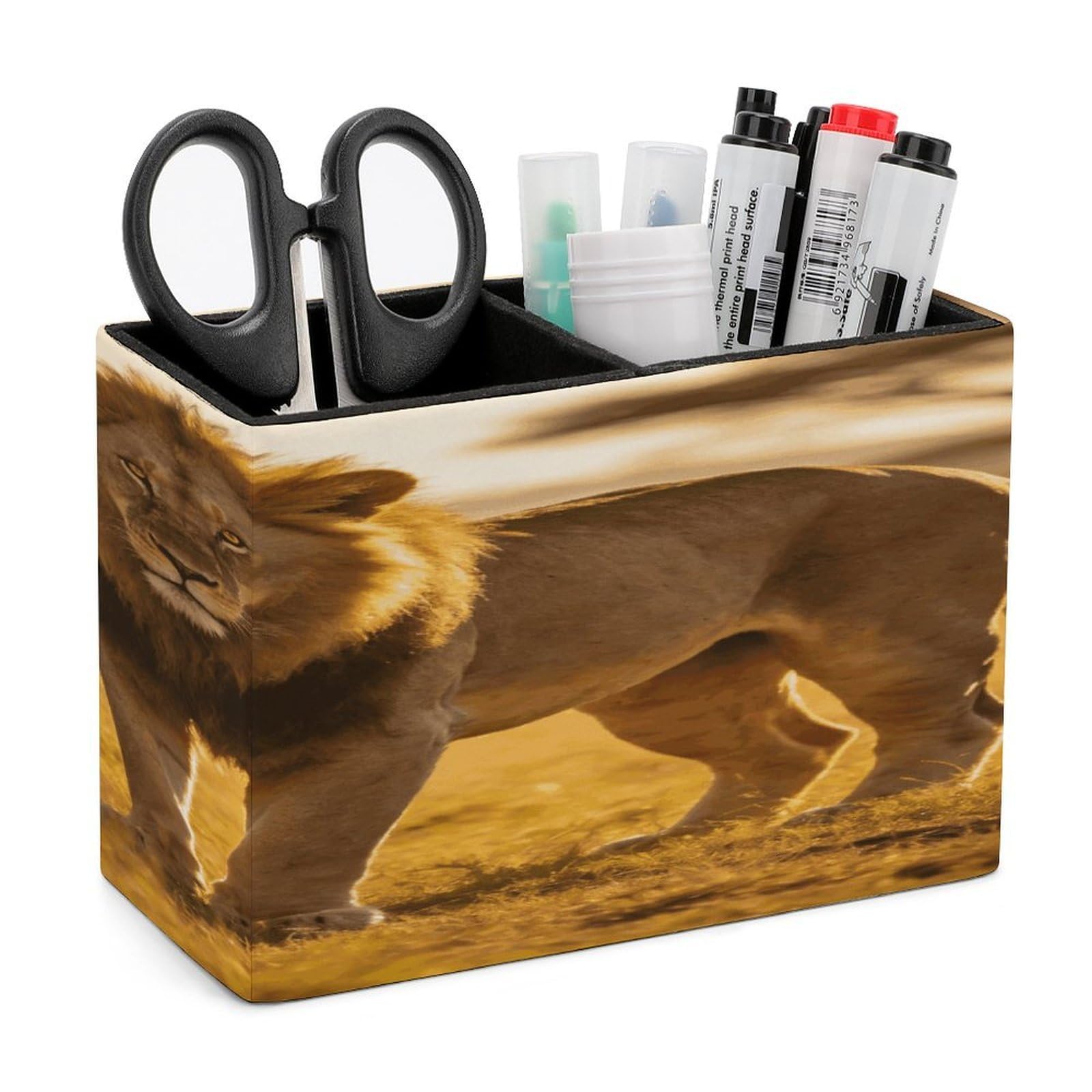 LZQPOEAS Wild Lion of The Wilderness Pen Holder Double Compartments Pen Cup Makeup Brush Holders Leather Pencil Holder Locker Organizer for Work Locker Accessories Modern Pencil Cup for Desk