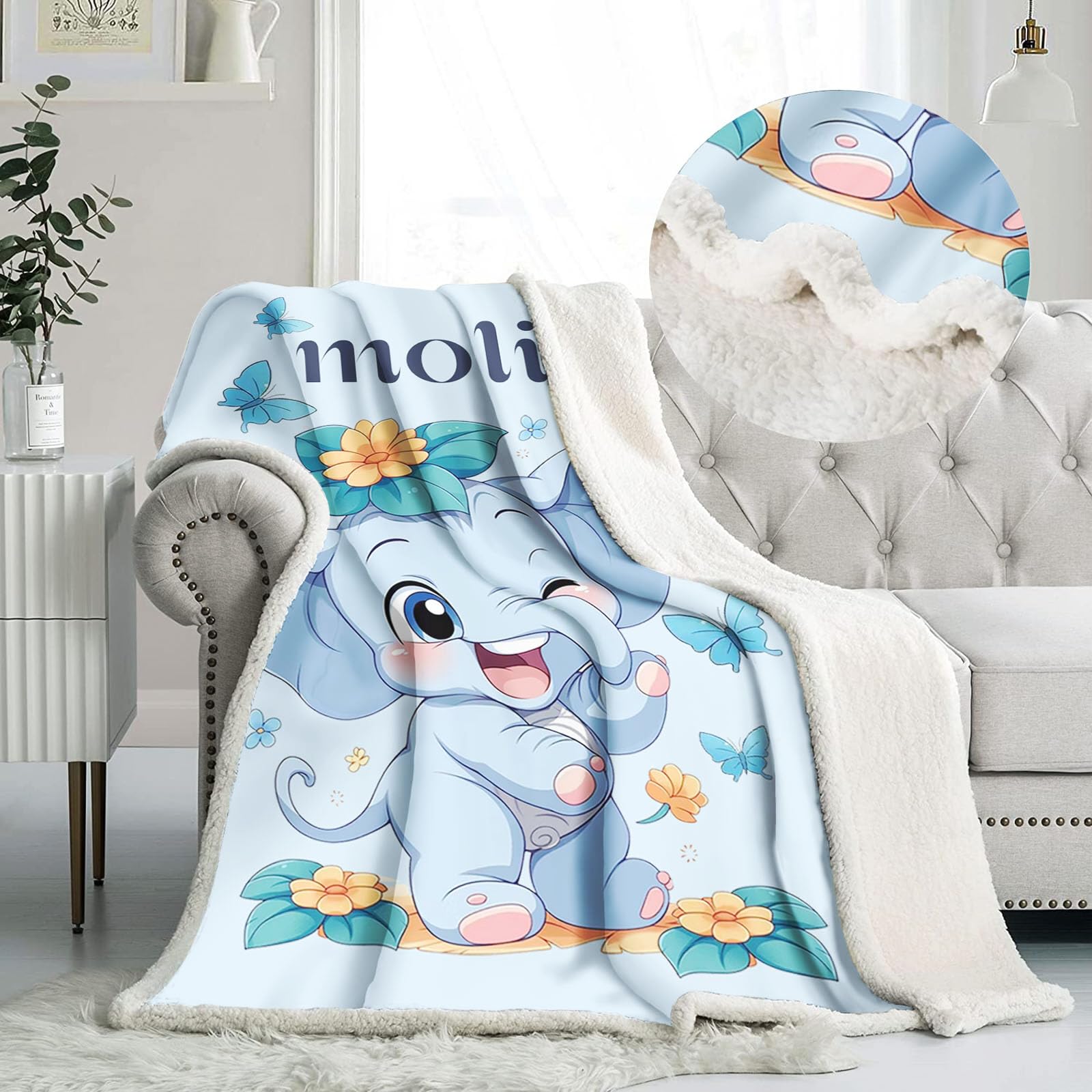 CHEFFS Manta personalizada, Manta para bebé personalizada con nombre, manta personalizada para niños, manta con nombre de elefante, manta de bebé individual, regalos 70 x 100 cm f (1,150 x 200 cm)