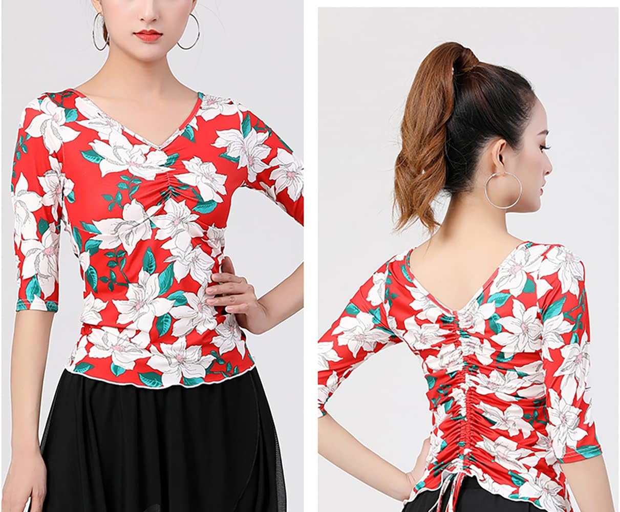 Whitewed Women's Sleeve Print Ruched Drawstring V Neck Dance Yoga Fitness Tops
