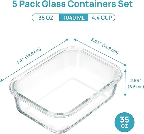 Miniatura 2 de Vtopmart Paquete de 5 recipientes de vidrio de 35 onzas con tapas de bambú, recipientes de almacenamiento de alimentos para preparación de comidas