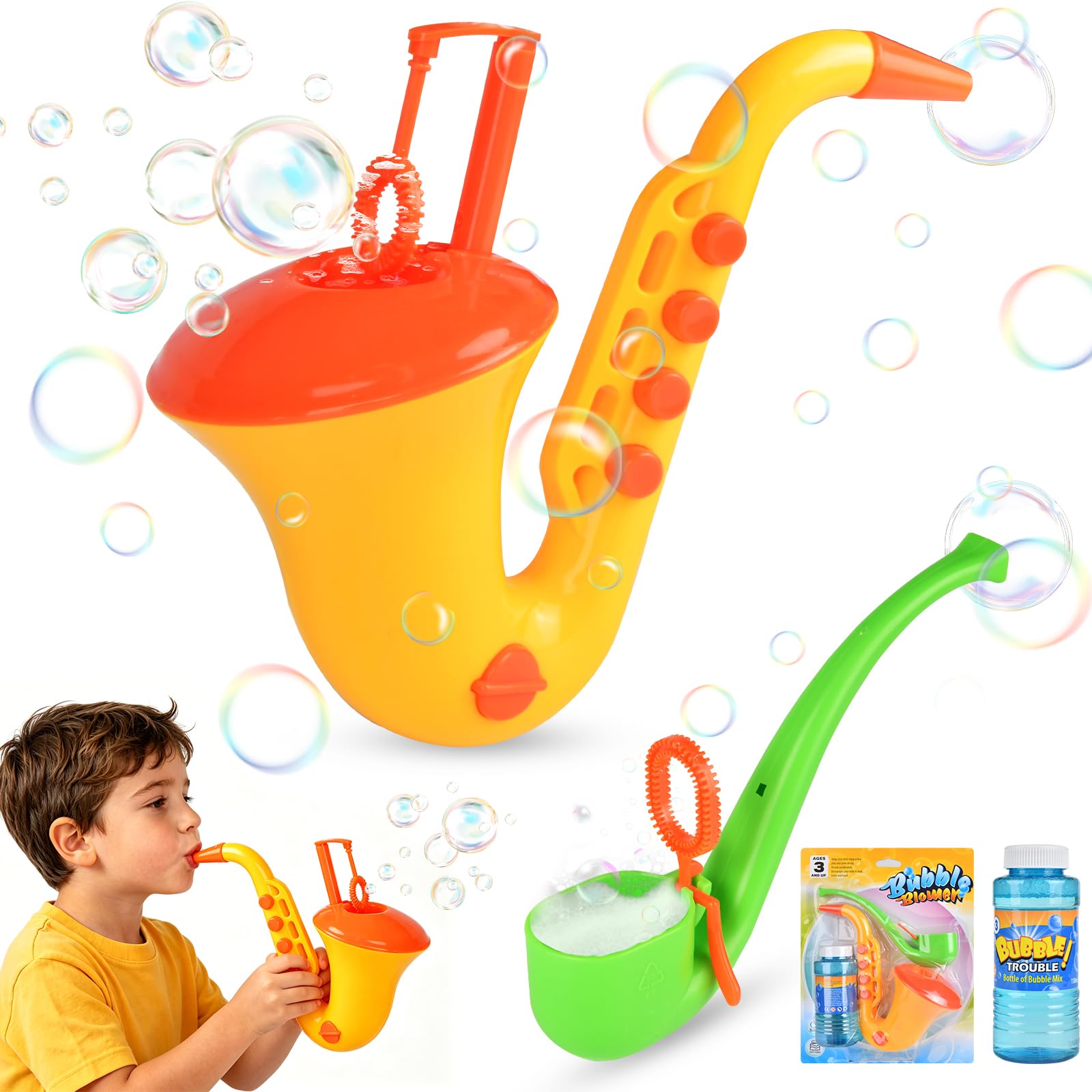 2Pcs Bubble Machine, Bubble Maker Blower, Saxophone Bubble Gun & Pipe Shaped Bubble Blower, Blower Stress Relief Toys,Reusable Bubble Makers for Outdoor Party Gift,Backyard Parties & Birthdays