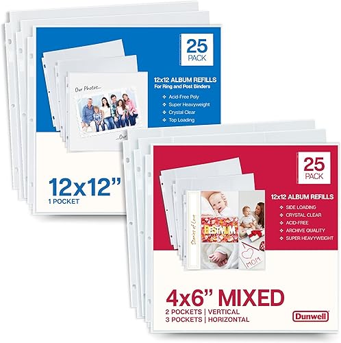 Dunwell Páginas de repuesto para álbumes de recortes de 12 x 12 pulgadas (paquete de 25) 1 bolsillo súper pesado y (4 x 6 mezcladas, 25 unidades)