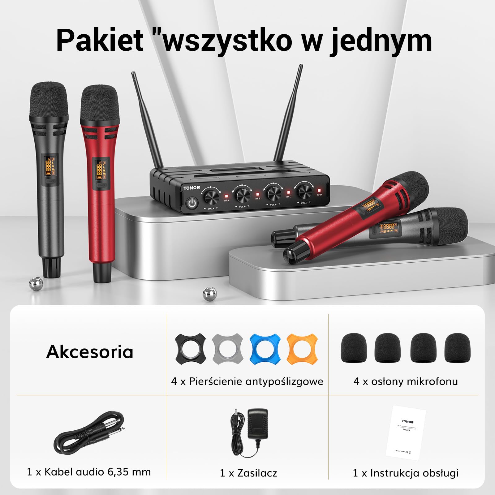 System mikrofonów bezprzewodowych TONOR, 4x5-kanałowy bezprzewodowy ręczny mikrofon dynamiczny z odbiornikiem, zasięg 60 M UHF, mikrofony ze stabilną transmisją sygnału do karaoke, śpiewania, czerwony