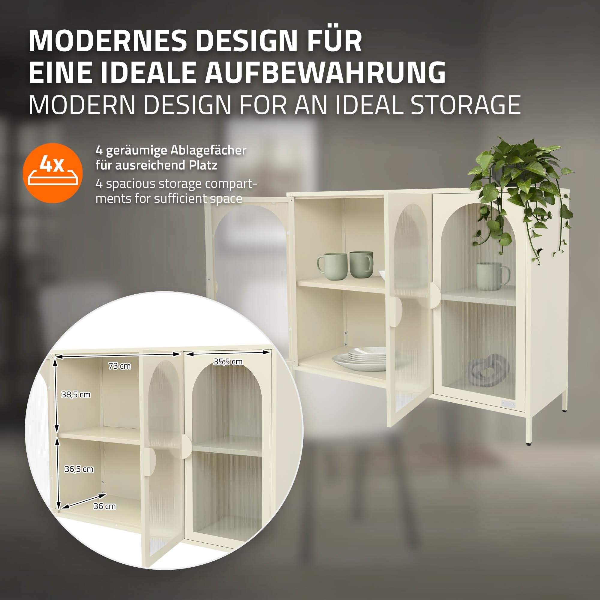 ML-Design Vitrinenschrank 120x93x40 cm aus Stahl, Creme, Sideboard mit 4 Ablage-/Regalfächer & 3 Türen, Metall Kommode mit verstellbaren Füßen, Vitrine, Highboard, Aufbewahrungsschrank für Wohnzimmer