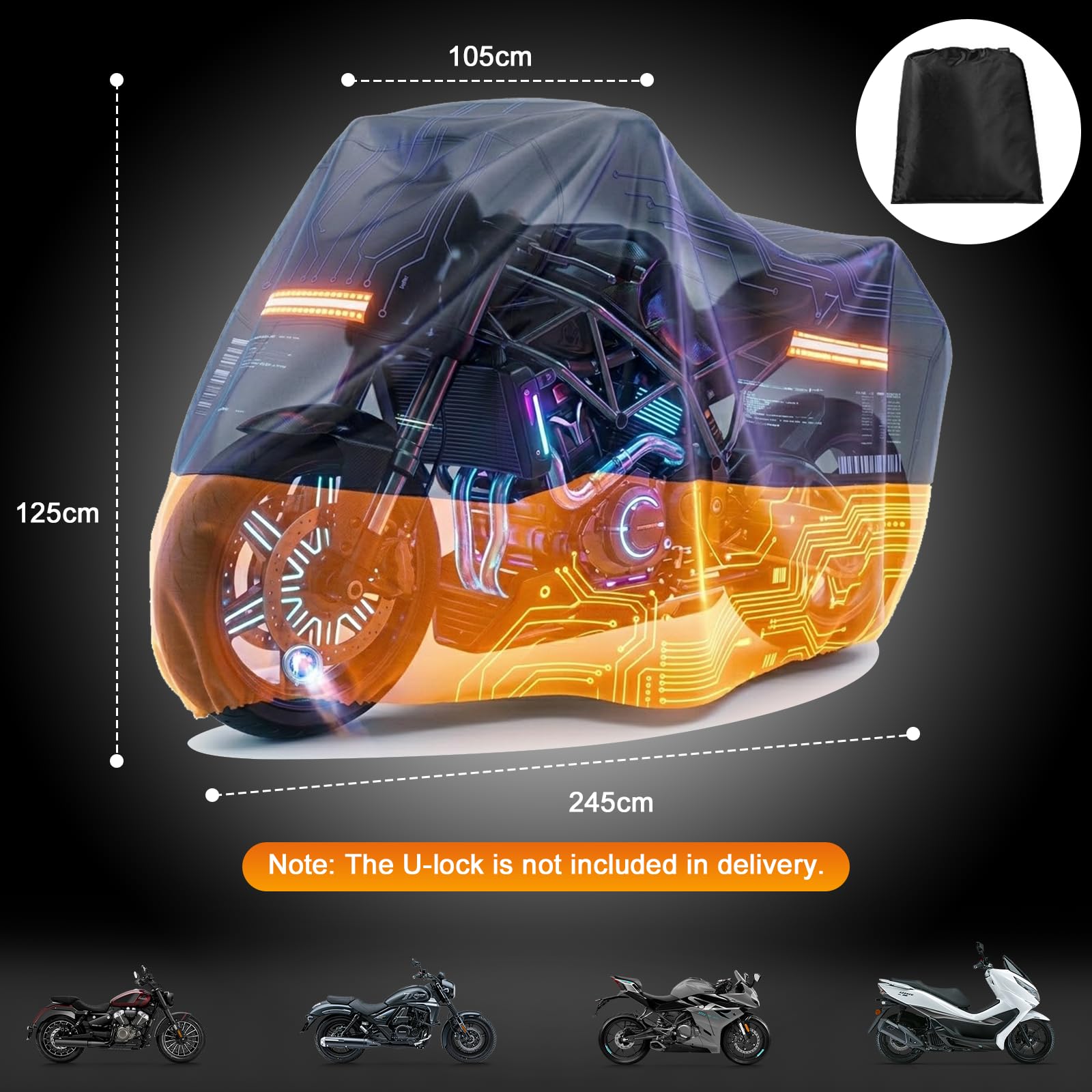 Favoto Housse Moto Extérieure Imperméable - Bâche de Protection XXL Anti-UV & Anti-Poussière avec Trou pour Antivol Sangles Coupe-Vent Noir Orange 245×105×125cm - 5