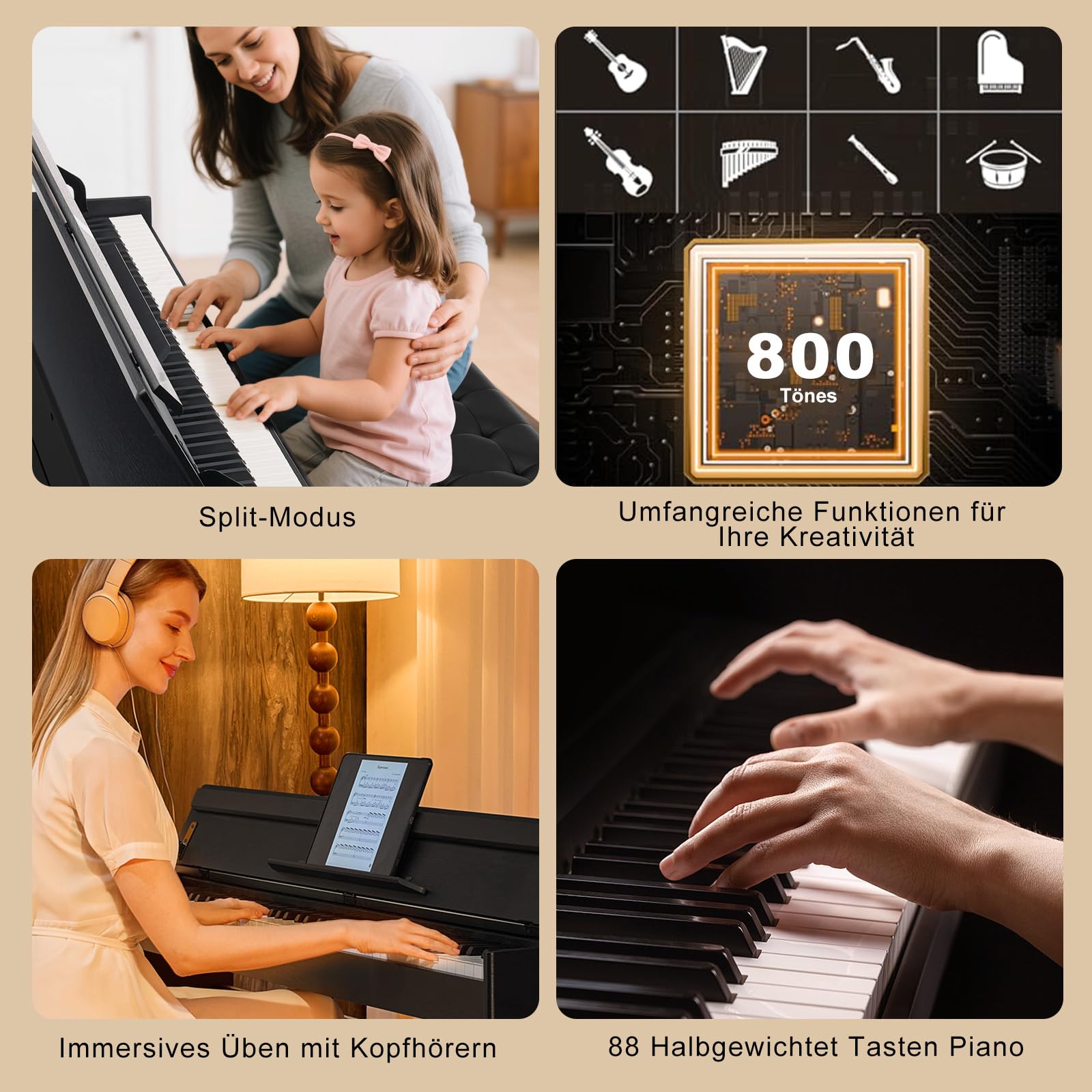 MUSTAR 88 Tasten Digital Piano, Halbgewichtete Tasten Klavier mit USB/MIDI und Bluetooth, Halb-offene Abdeckung, E-Piano mit 3-Pedal-Einheit, Stereolautsprechern, 800 Töne und 64 Polyphony, Schwarz