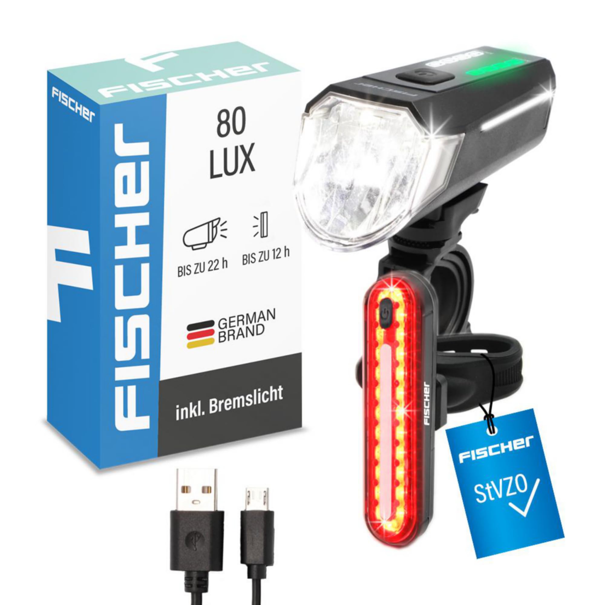 Fischer Juego de iluminación para Bicicleta 80/40/20 Lux, Juego de Luces de batería, luz Delantera y Trasera, con batería y función de Carga USB, 3 Funciones de luz, protección contra Salpicaduras