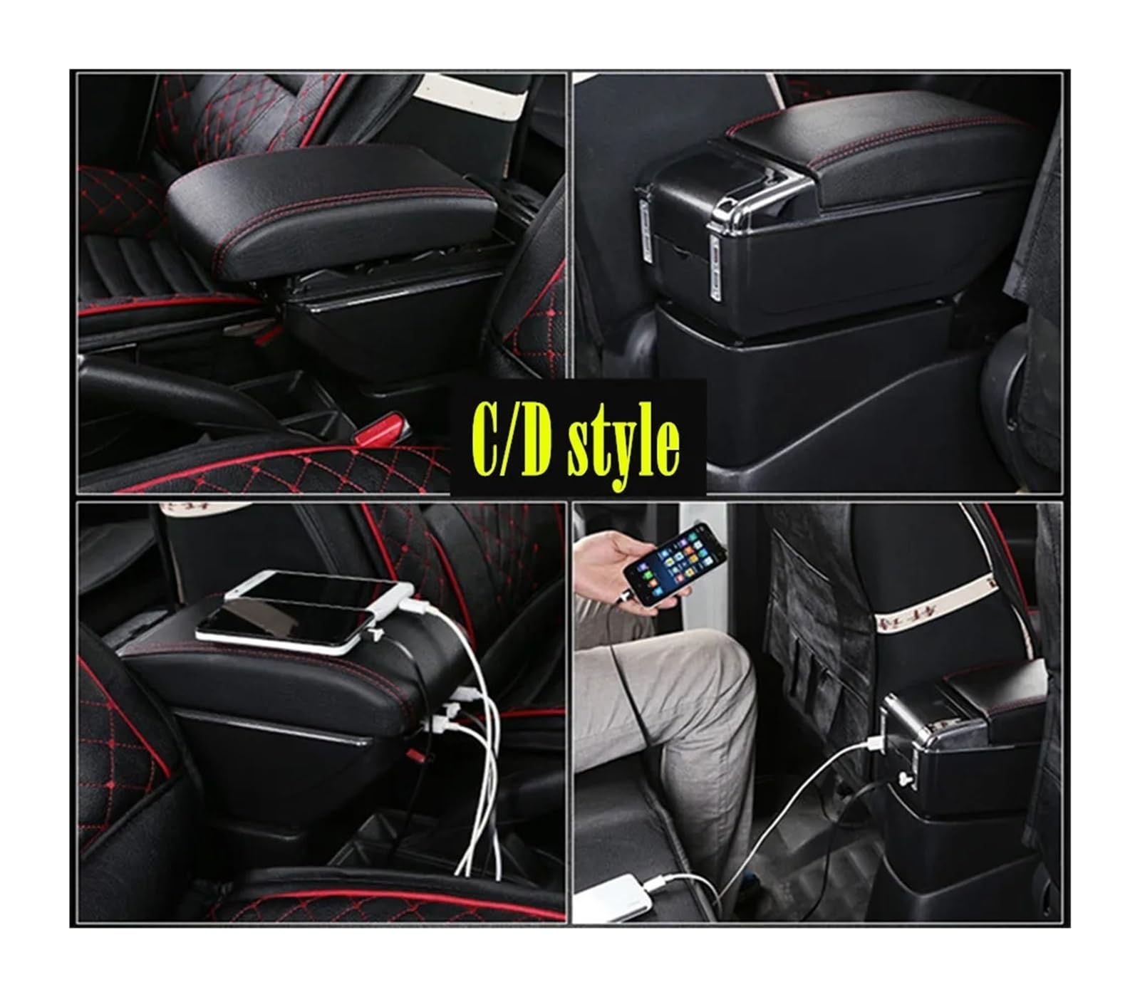 consola central Almacenamiento universal de la consola central del coche con LED USB(A style black line)