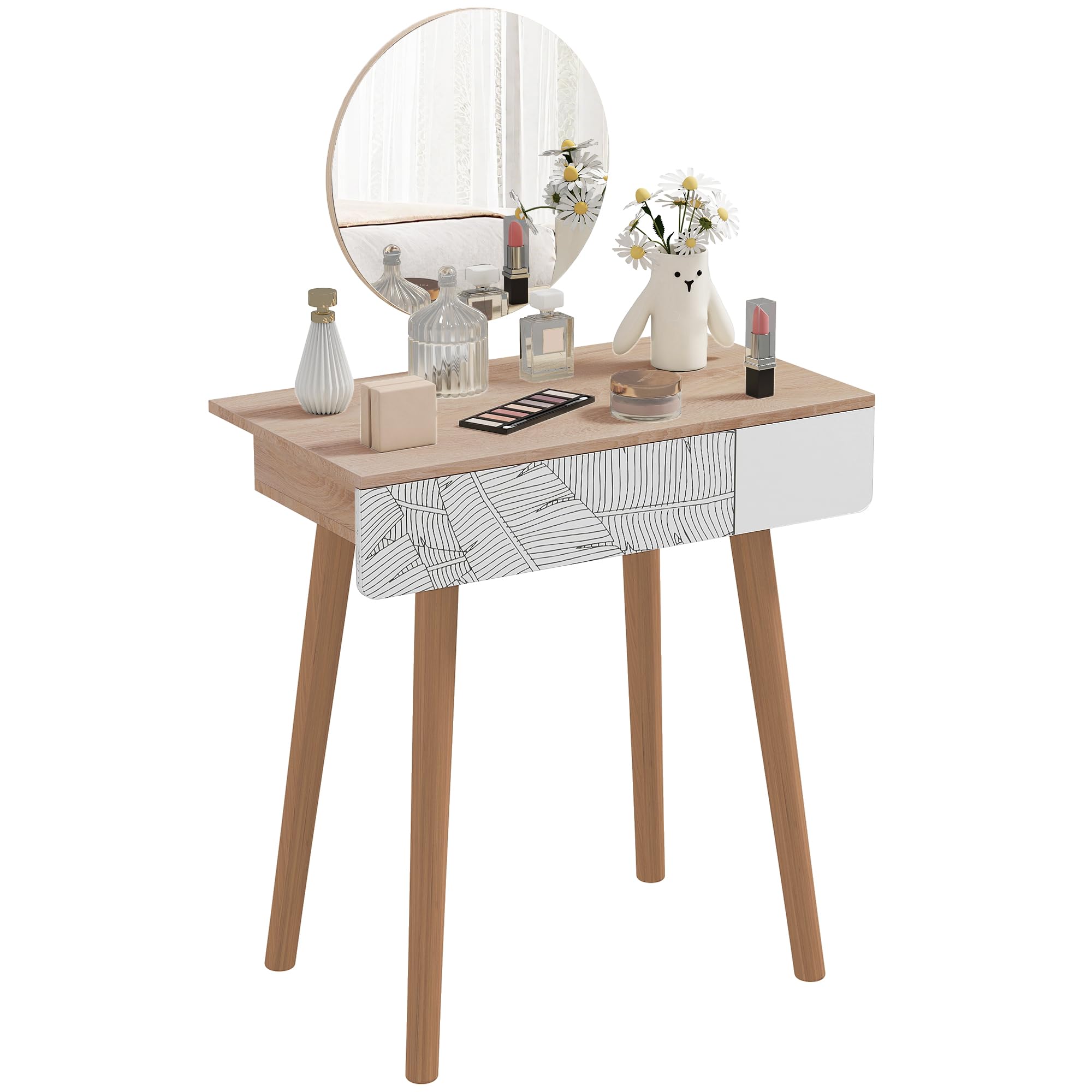 HOMCOM Postazione Trucco con Specchio Circolare Ф39cm, Toeletta Trucco con Cassetto con Decorazione Jungle, 70x39x119-128cm, Bianco e Rovere