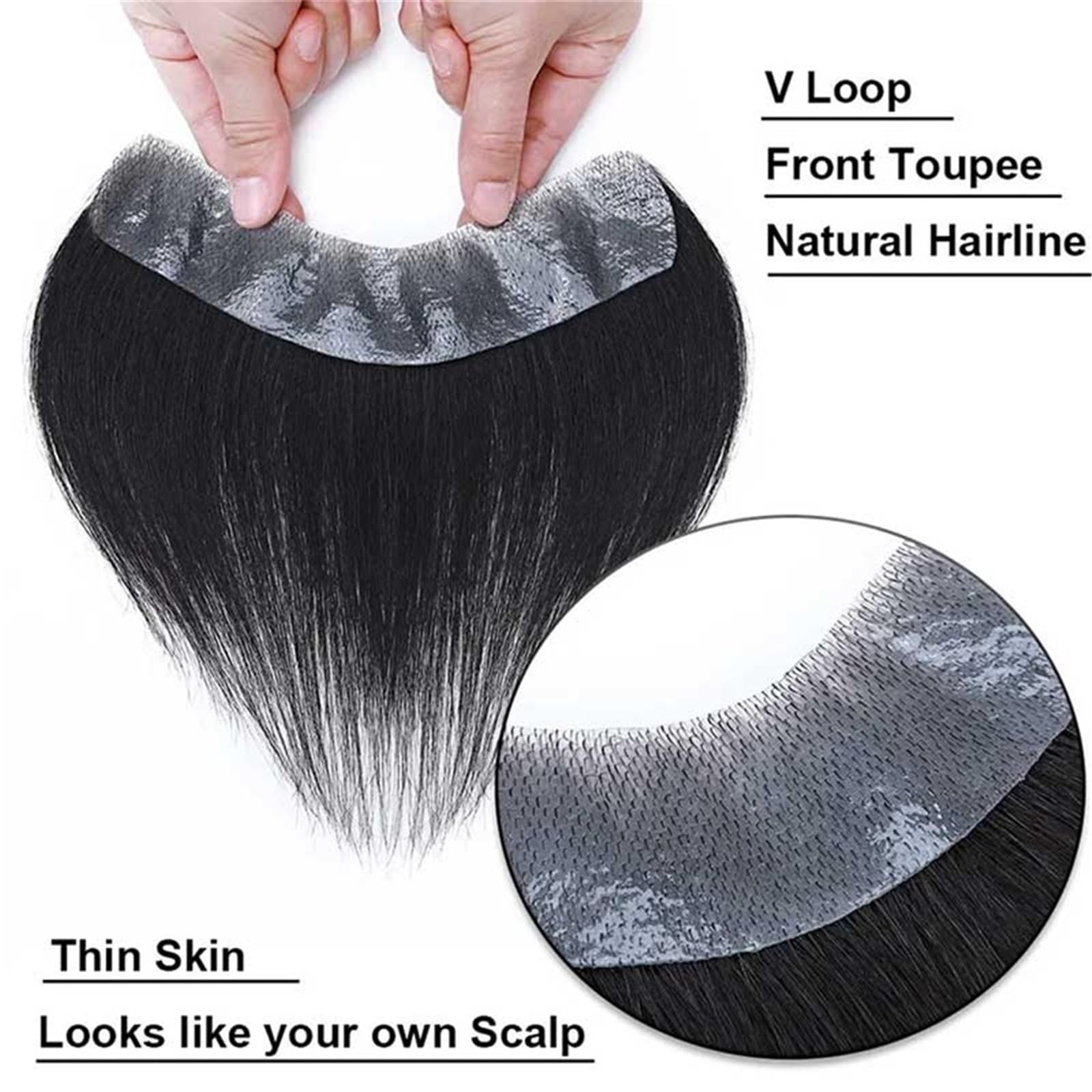 Tupé de pelo para hombres Línea de cabello en forma V, parche piel fina Invisible, línea Natural, postizo humano Sistema de cabello para hombres(5x16cm)