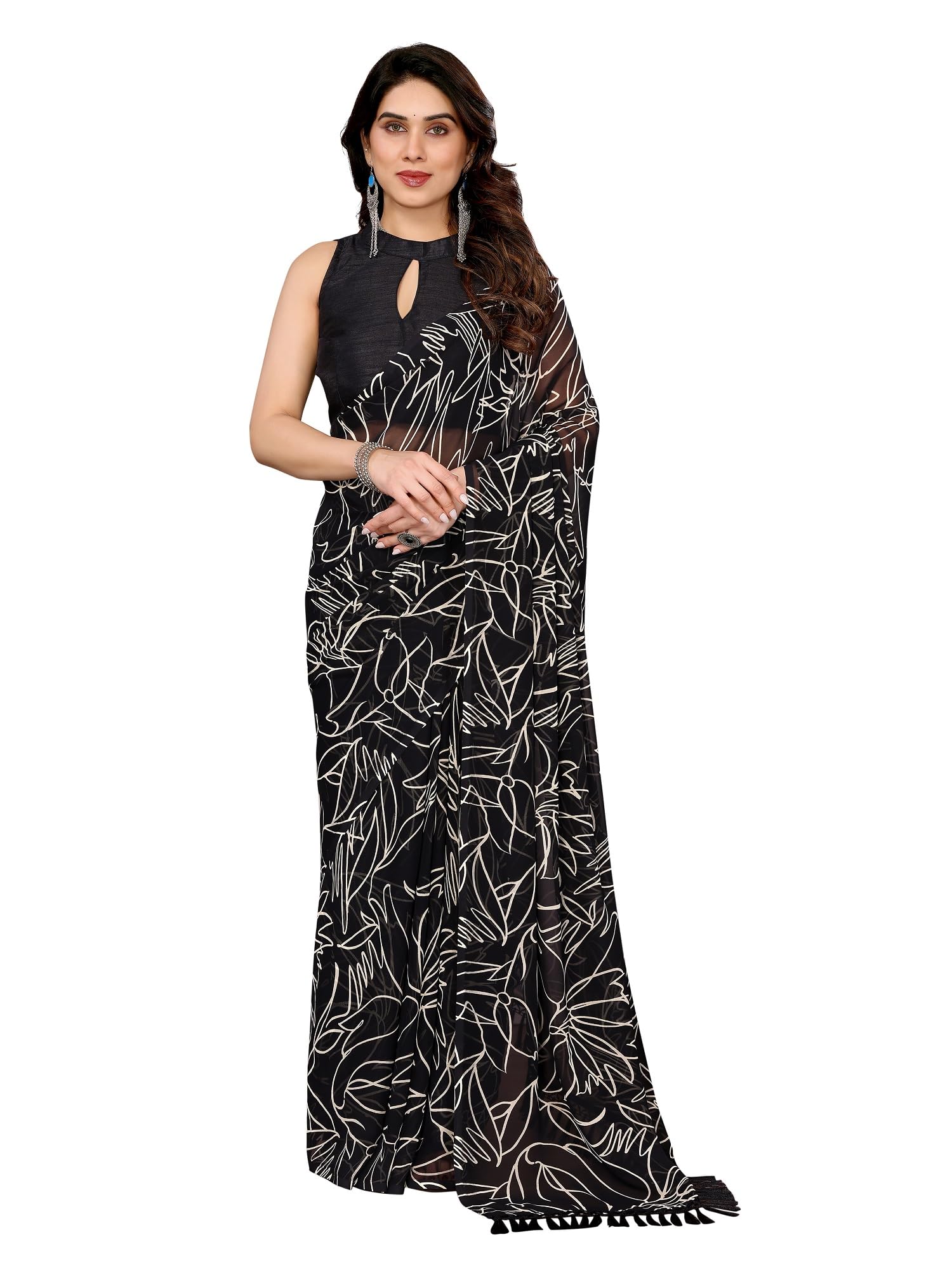 RAJESHWAR FASHION WITH RF Women's Printed Georgette Sarees For Ladies & College Girls Farewell With Lace Border & Blouse