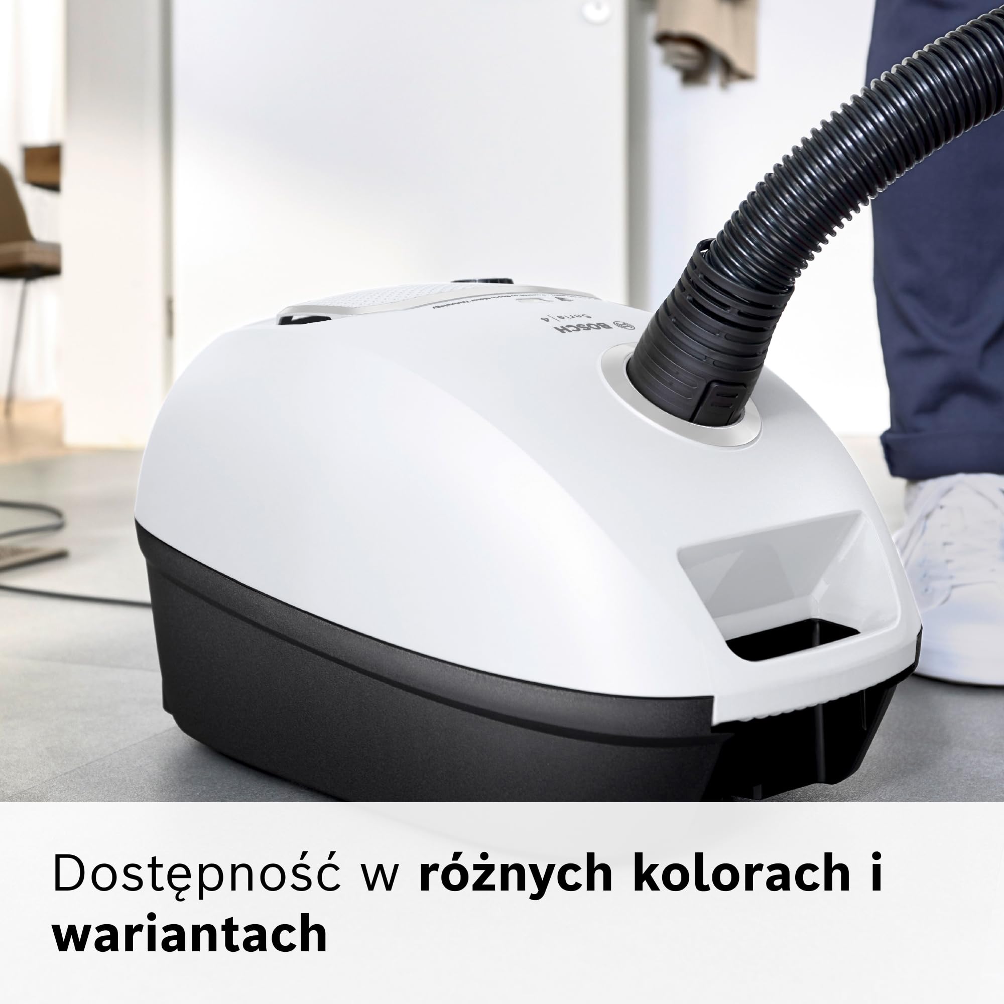 Bosch Serie 4 Odkurzacz Workowy, Promień Działania 11 m, Pojemność Worka XL, Ssawka do Tapicerki, Ssawka Szczelinowa, Zintegrowany Schowek na Akcesoria, Biały, BGB41WH1 | Odkurzacz z workiem XL, szczotka do tkanin i szczelin, zmywalny filtr, wyprodukowano