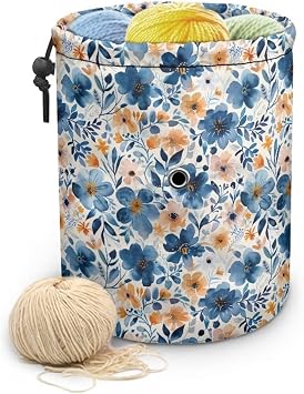 Sellikakes Yarn Bag, Blue Floral Knitting Storage Bag Portable Yarn Holder Crocheting Organizer Store Skein Ball Needles,Sewing Accessories Supplies