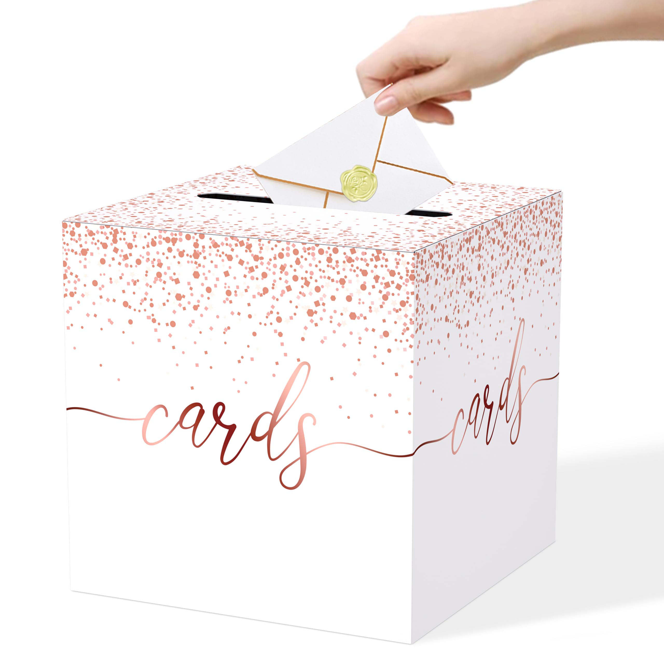 Rose Gold Card Box for Wedding, 8.7" Gift Card Box for Reception, Bridal Shower, Birthday, Baby Shower, Retirement, Graduation, Anniversary Party Decorations